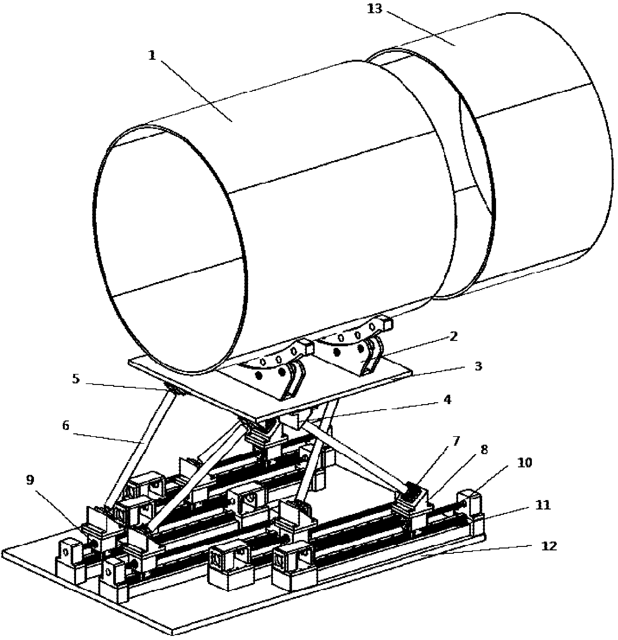 Six-degree-of-freedom positioning gesture adjusting equipment used for automatic assembling of large barrel-shaped thin-wall construction member