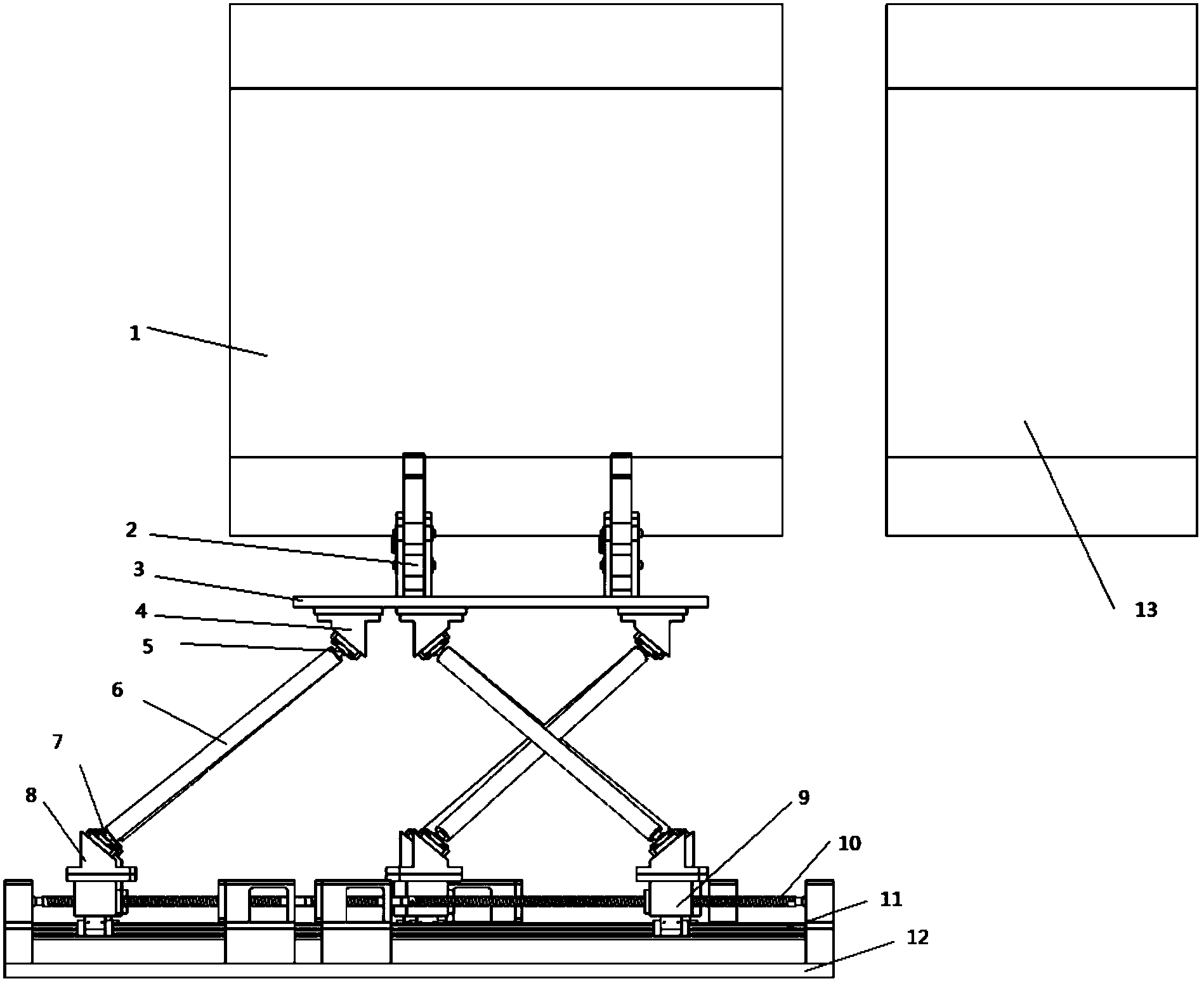 Six-degree-of-freedom positioning gesture adjusting equipment used for automatic assembling of large barrel-shaped thin-wall construction member