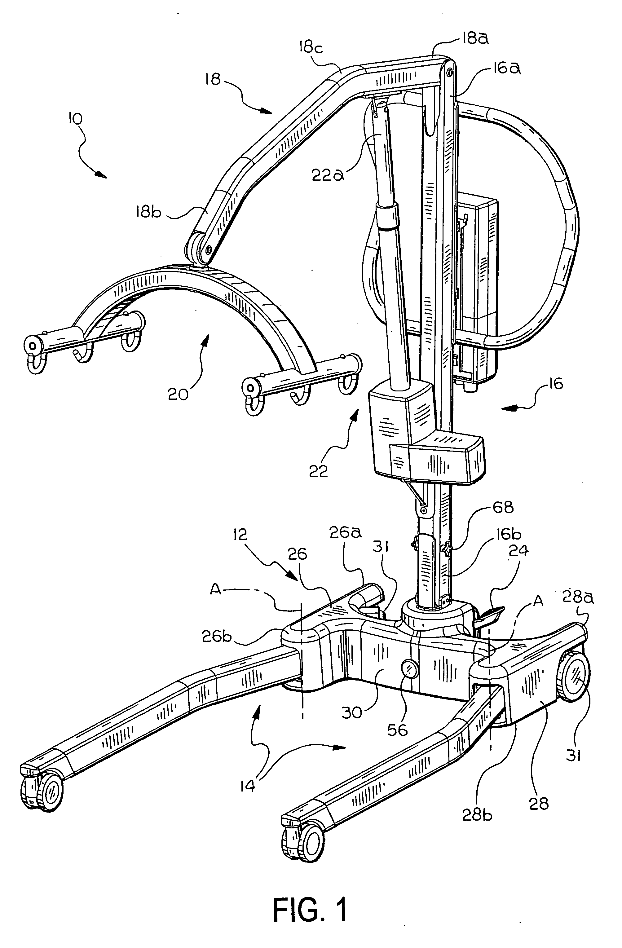 Patient lift with support legs that spread over two ranges of motion