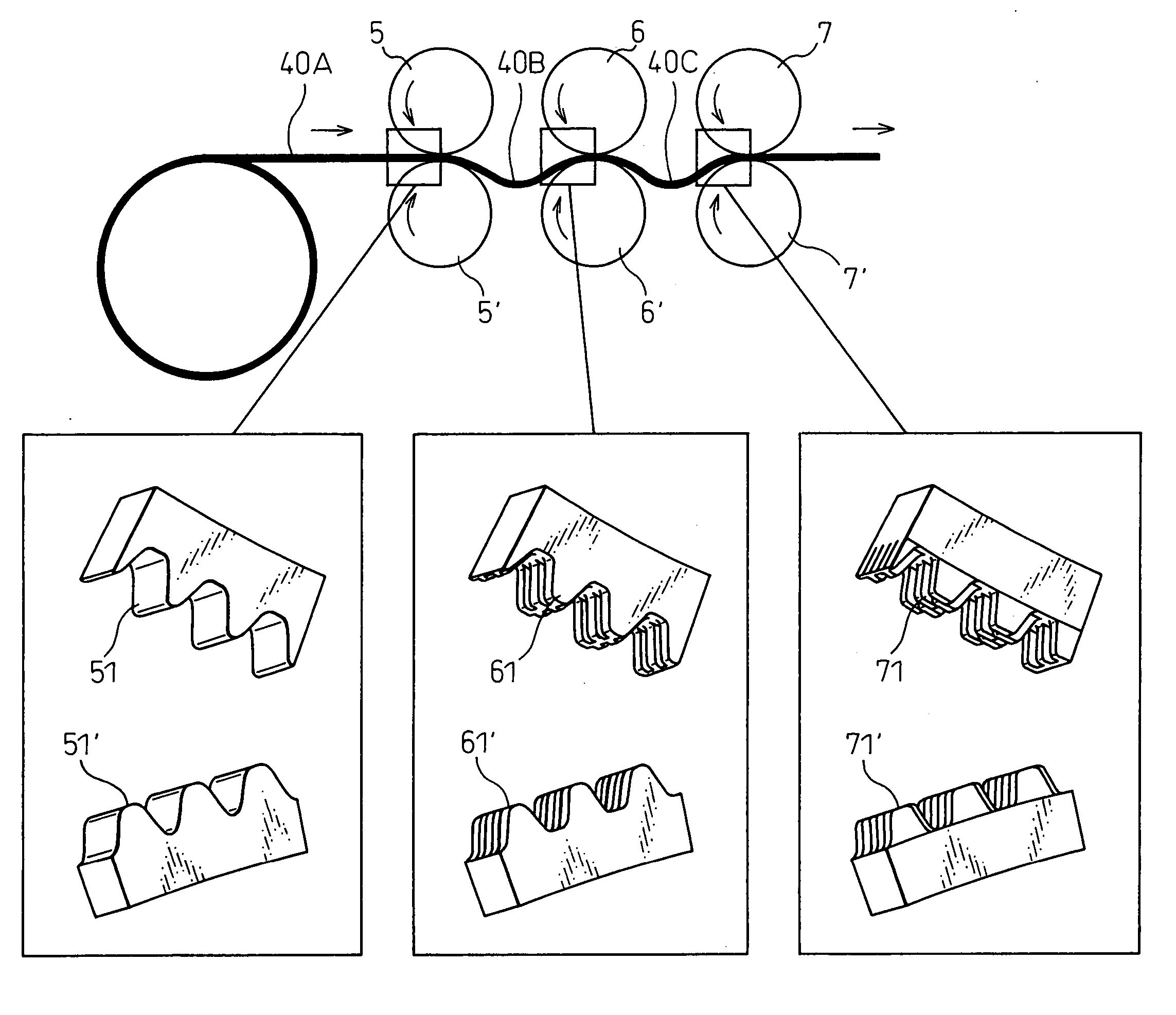 Production method of offset-shaped fins, fins, and method and apparatus for changing pitch of fins