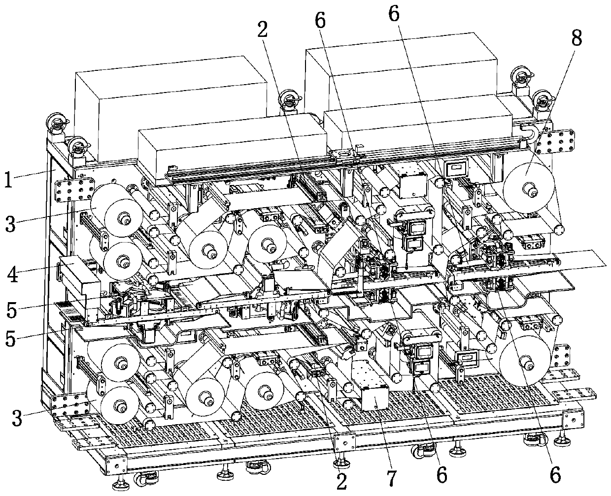 Pole piece and isolating membrane attaching and synchronous conveying equipment