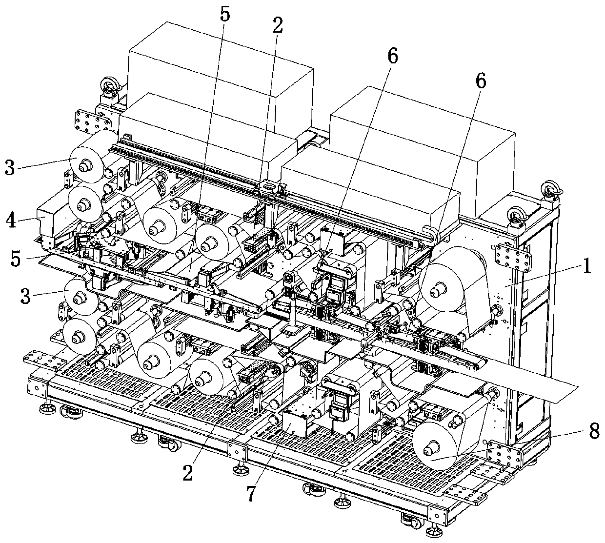 Pole piece and isolating membrane attaching and synchronous conveying equipment