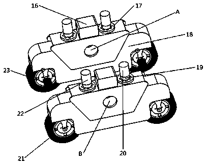 An AGV transfer vehicle resembling a three-point statically determinate support