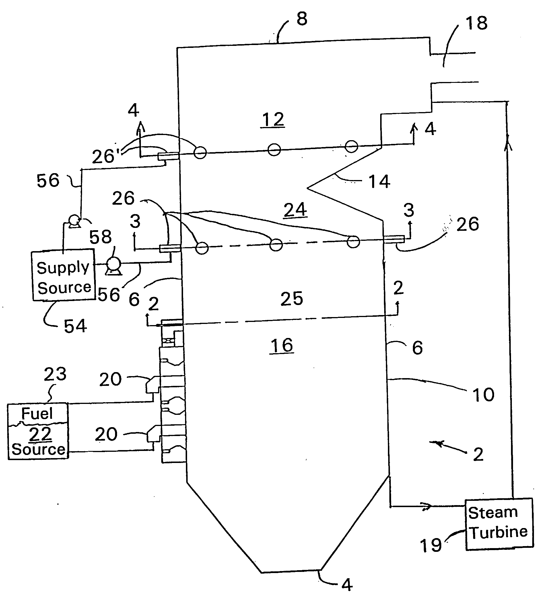 Method and apparatus for adding reducing agent to secondary overfire air stream