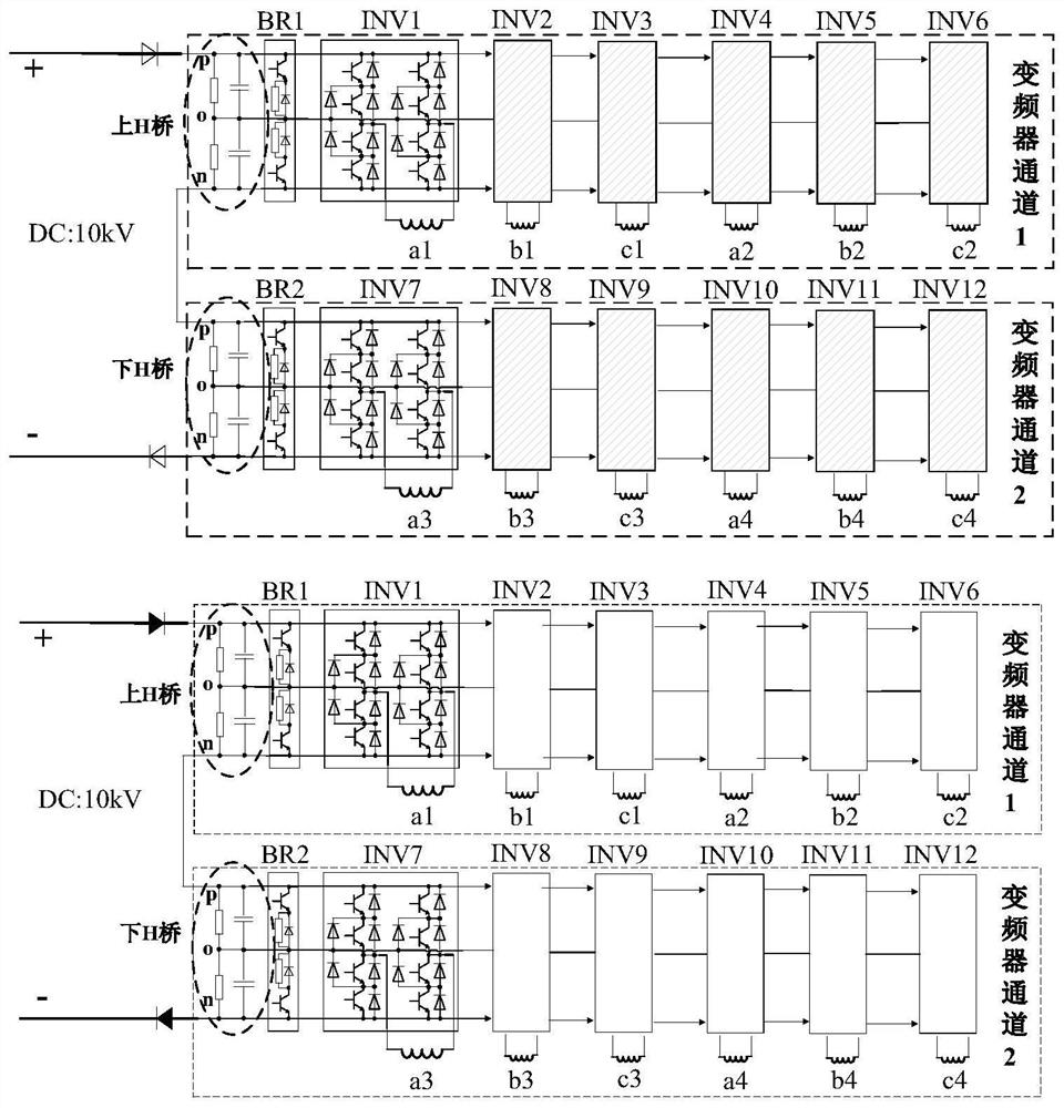 Twelve-phase three-level H-bridge direct current side cascade propulsion frequency converter and capacitor voltage balance control method