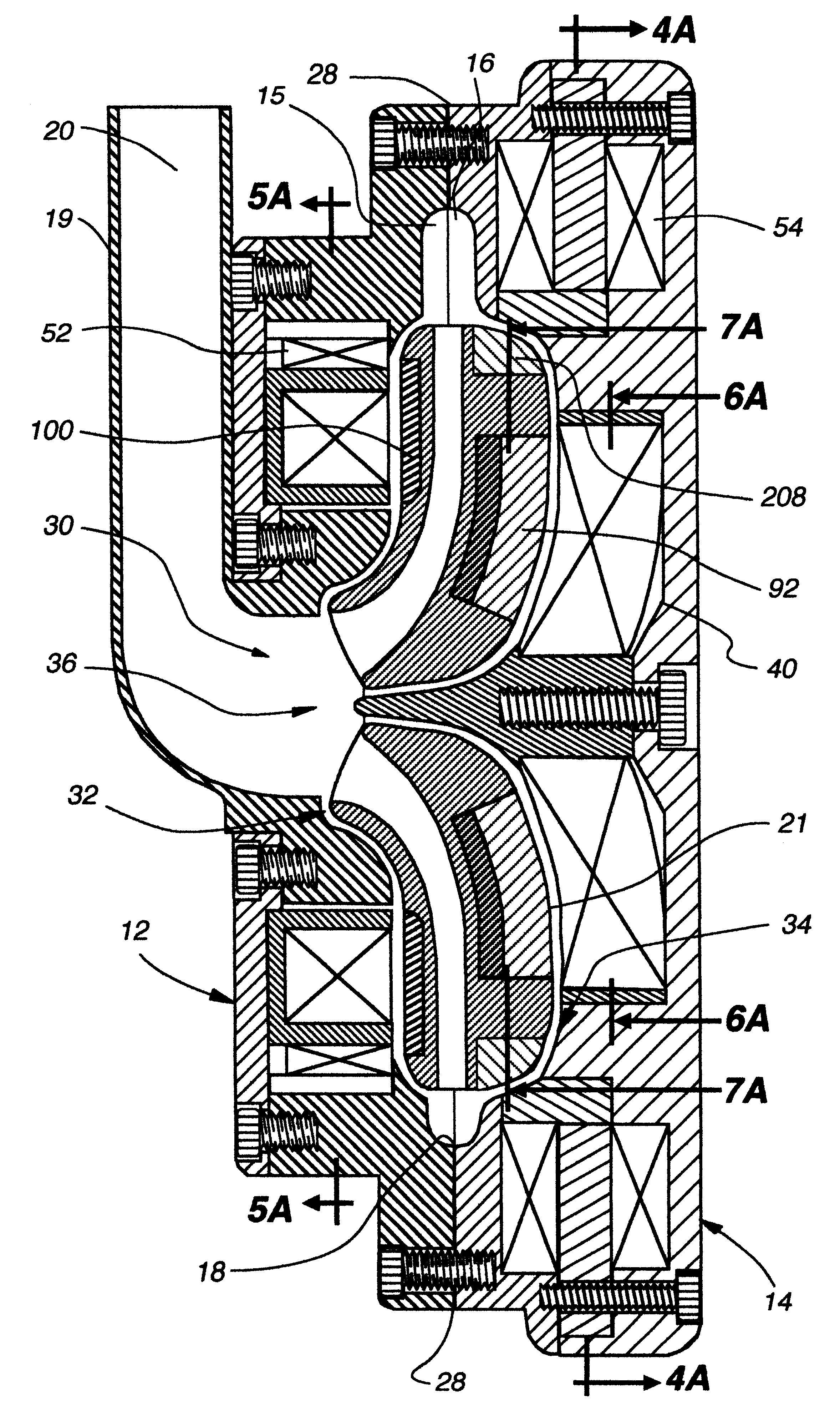 Electromagnetically suspended and rotated centrifugal pumping apparatus and method