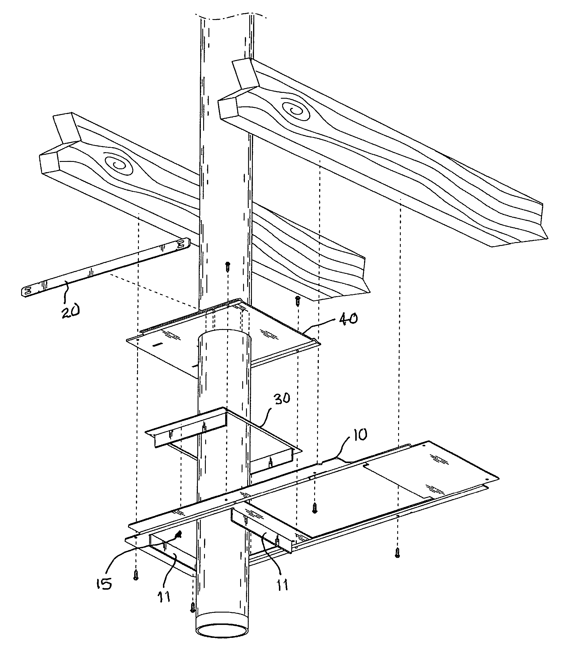 Break-apart assembly for supporting an exhaust flue and providing a cumbustible materials top and a fire stop