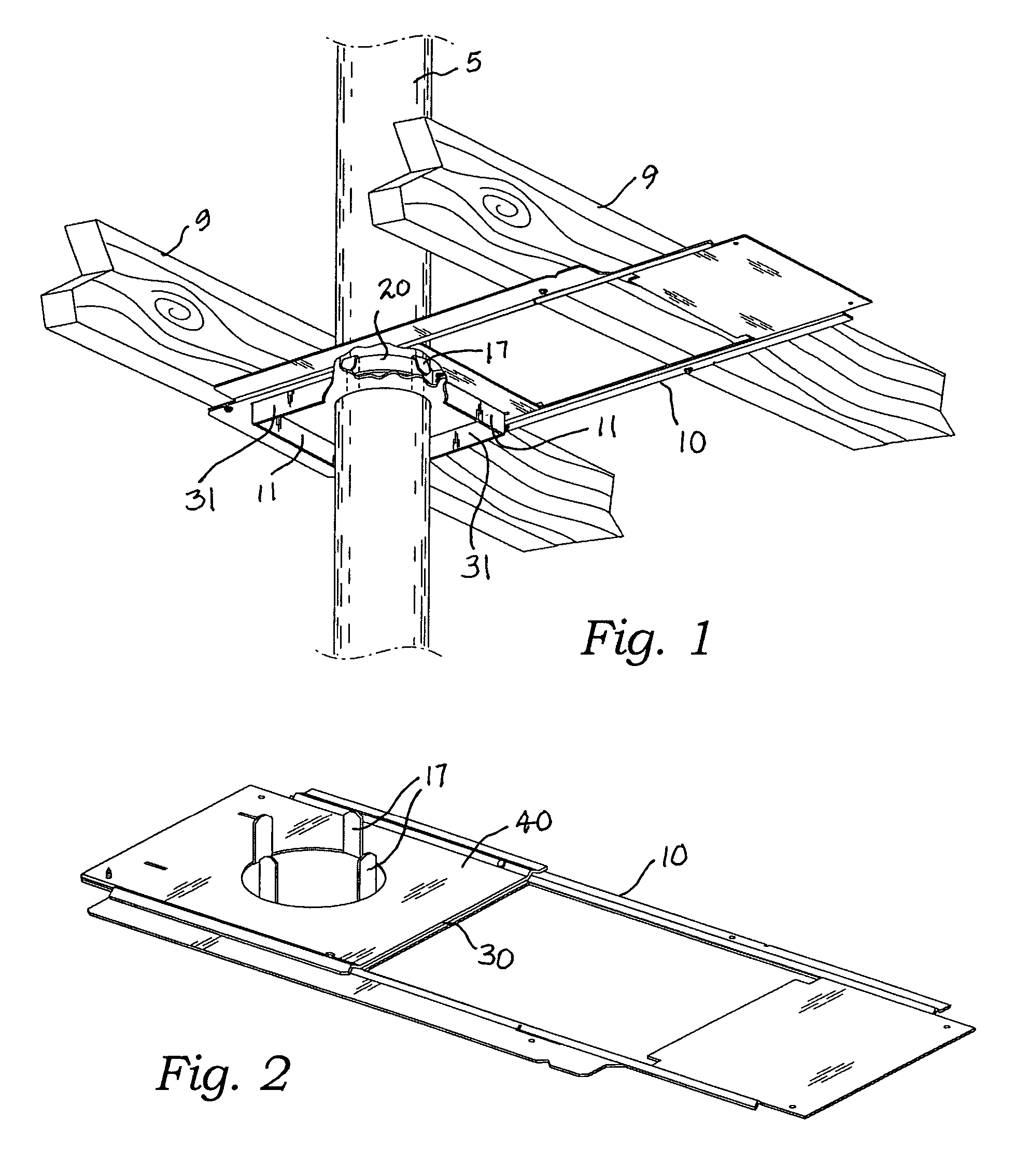 Break-apart assembly for supporting an exhaust flue and providing a cumbustible materials top and a fire stop