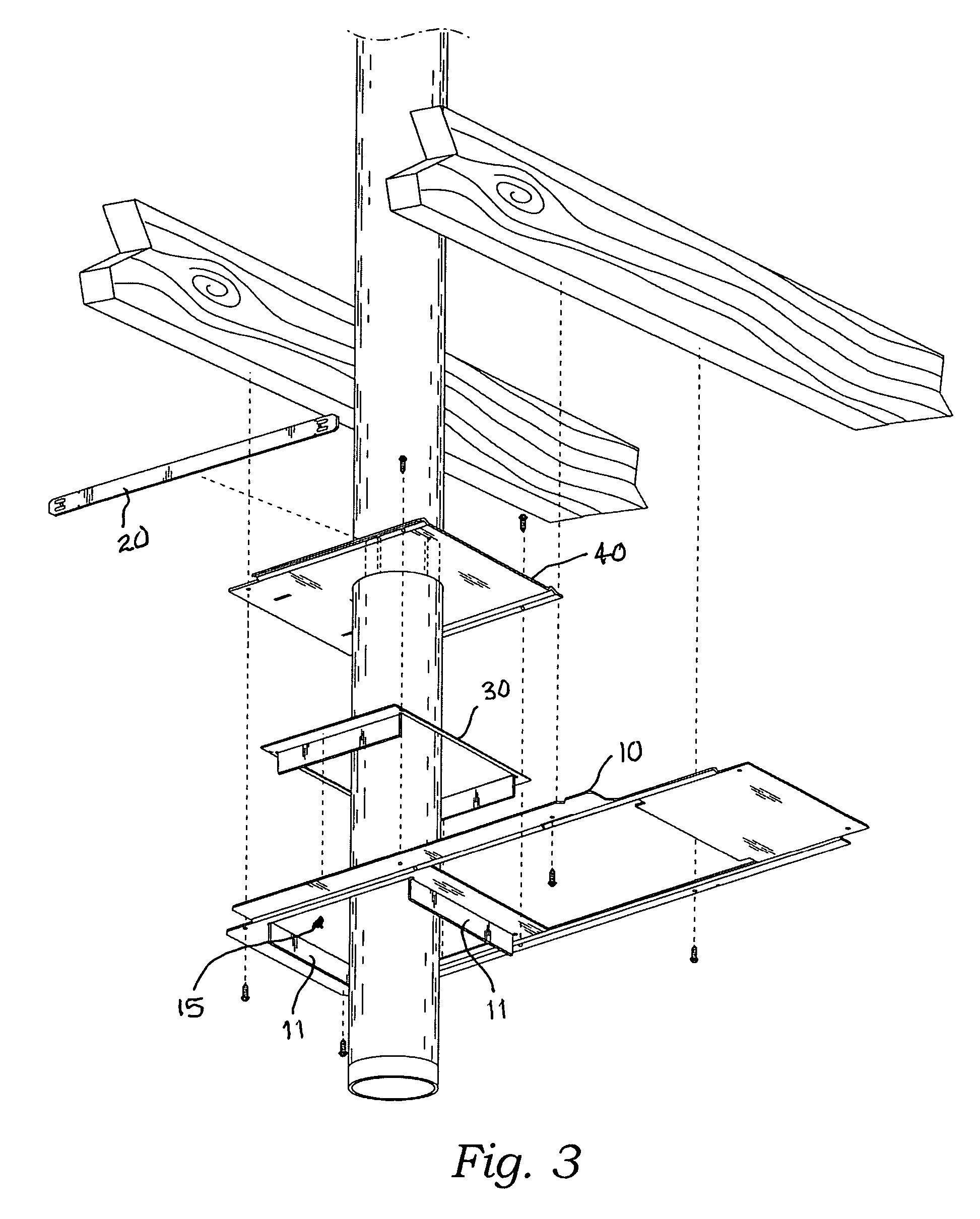 Break-apart assembly for supporting an exhaust flue and providing a cumbustible materials top and a fire stop