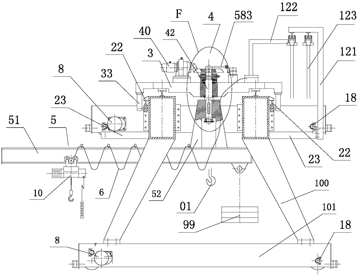 Half-portal crane with lifting trolley and cantilever beam hanging balance weight