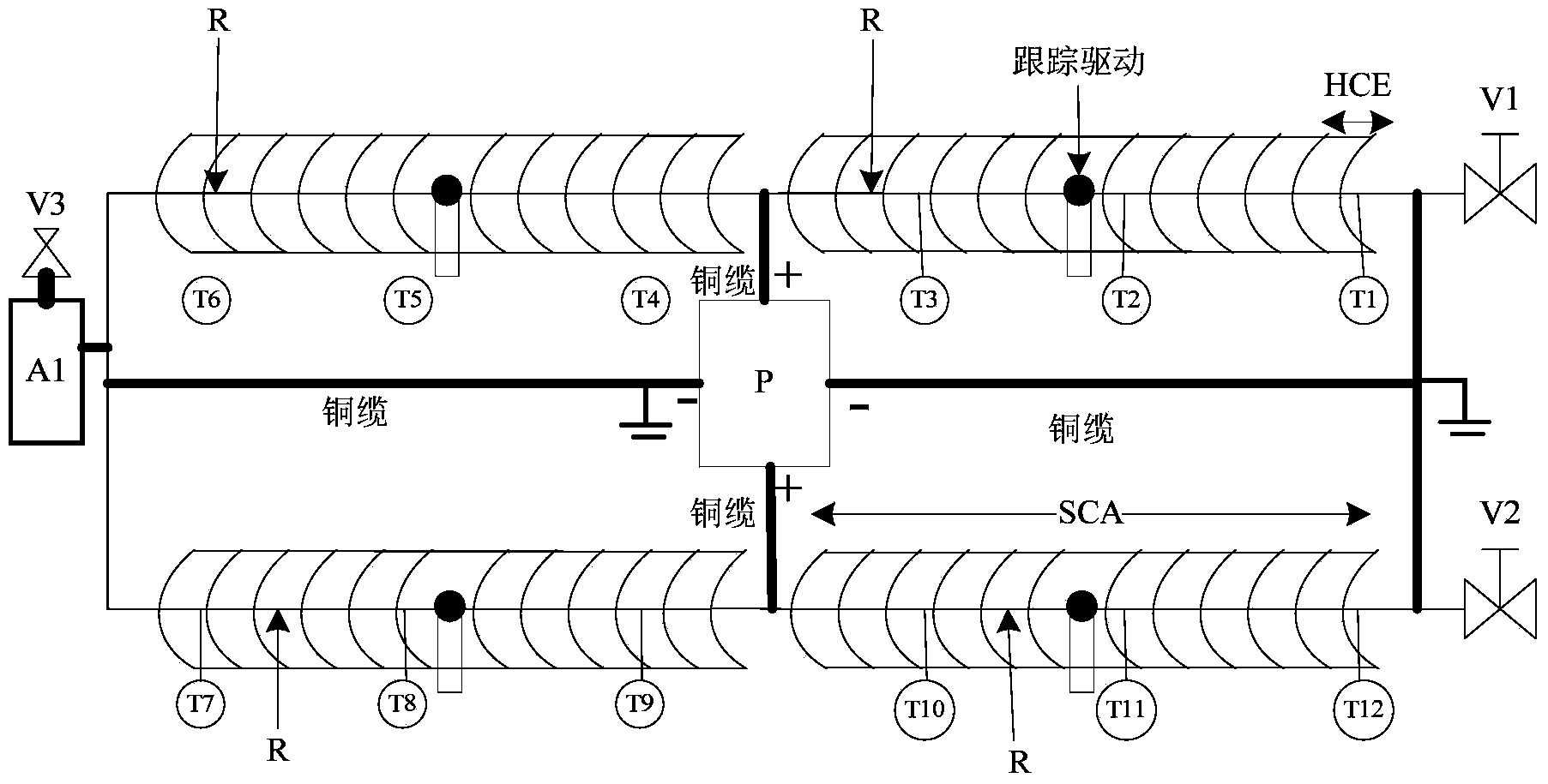 Direct-current large-current fused salt defreezing and preheating device of groove type vacuum heat collecting pipe