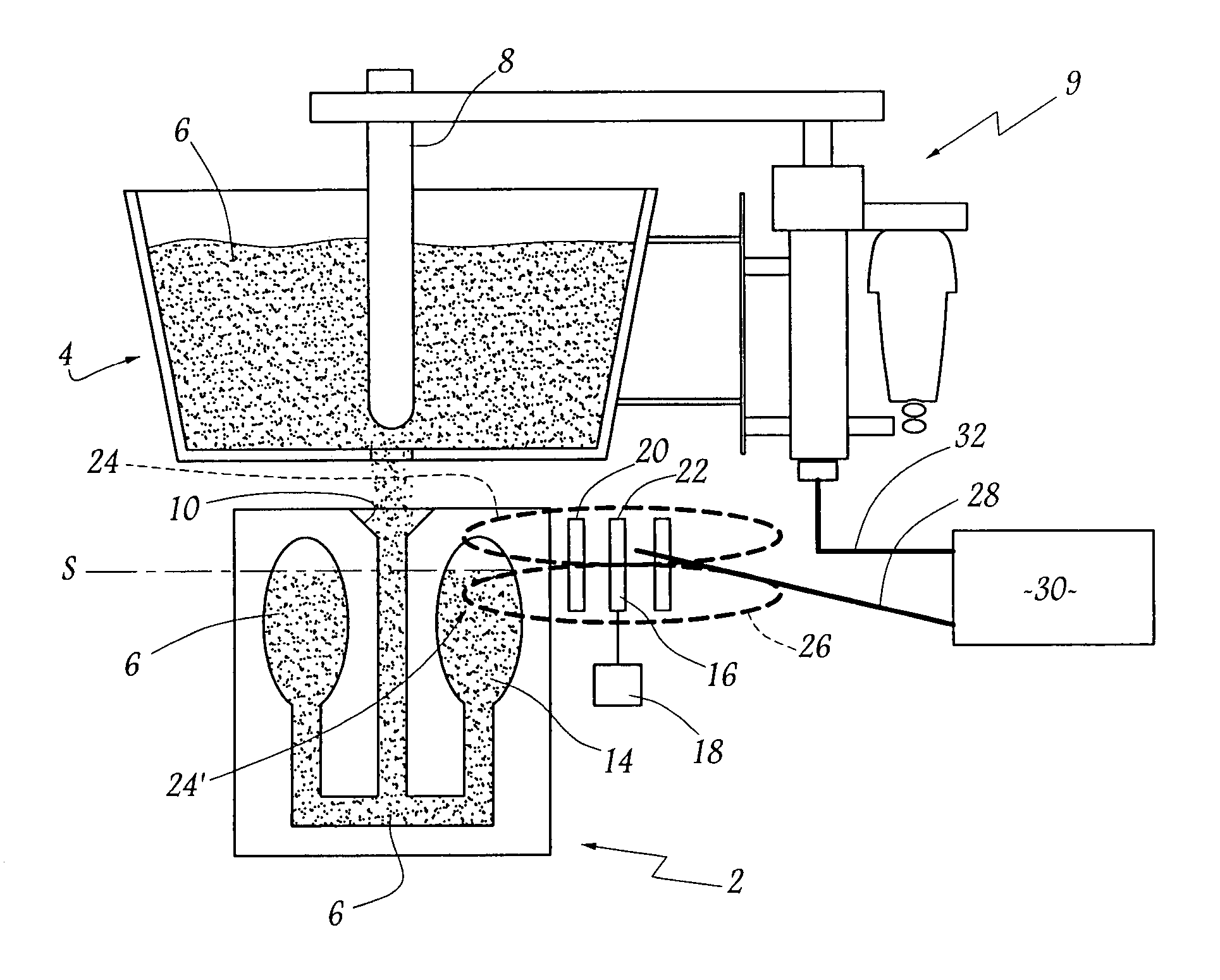 Installation for filling a mould with liquid metal and process employing this installation