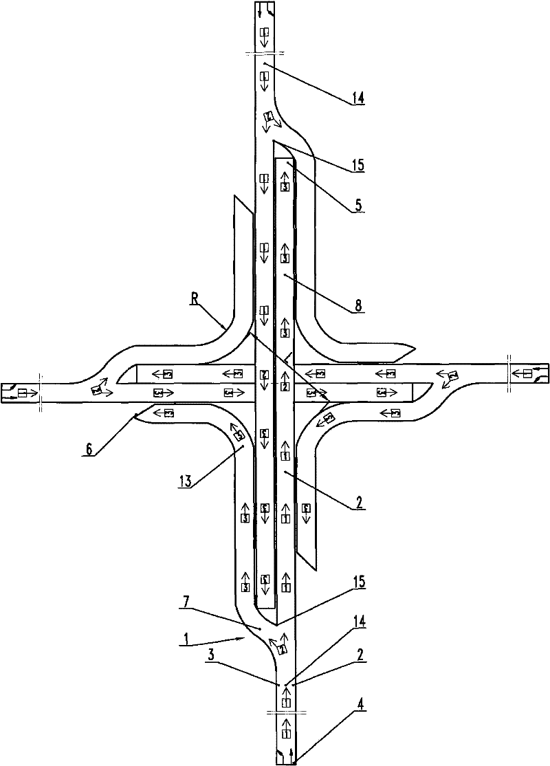 Four independent h-shaped bifurcated bridges combined bridge contributing to unobstructed left-turning and straight-driving