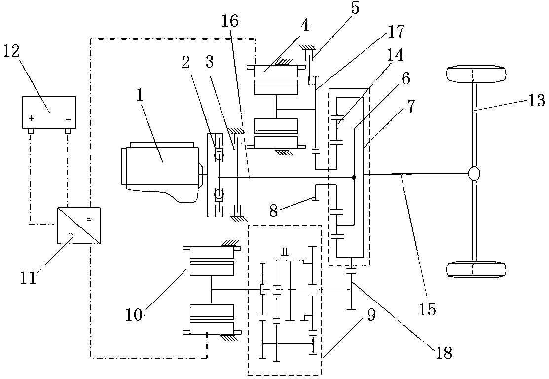 A tandem hybrid powertrain and a vehicle including the hybrid powertrain