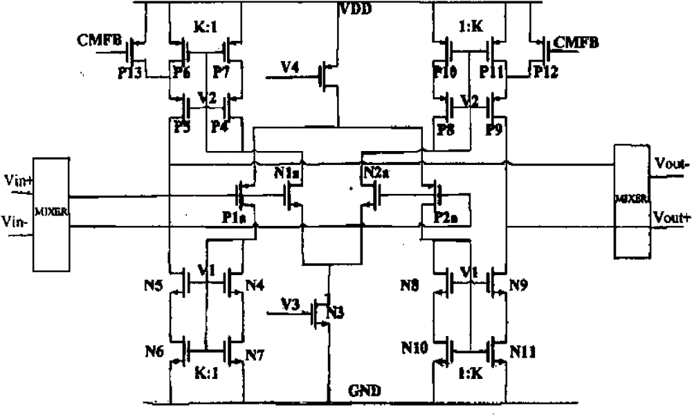 Low-power consumption bandwidth multiplication chopping stabilized operational amplifier based on MOS (metal oxide semiconductor) device