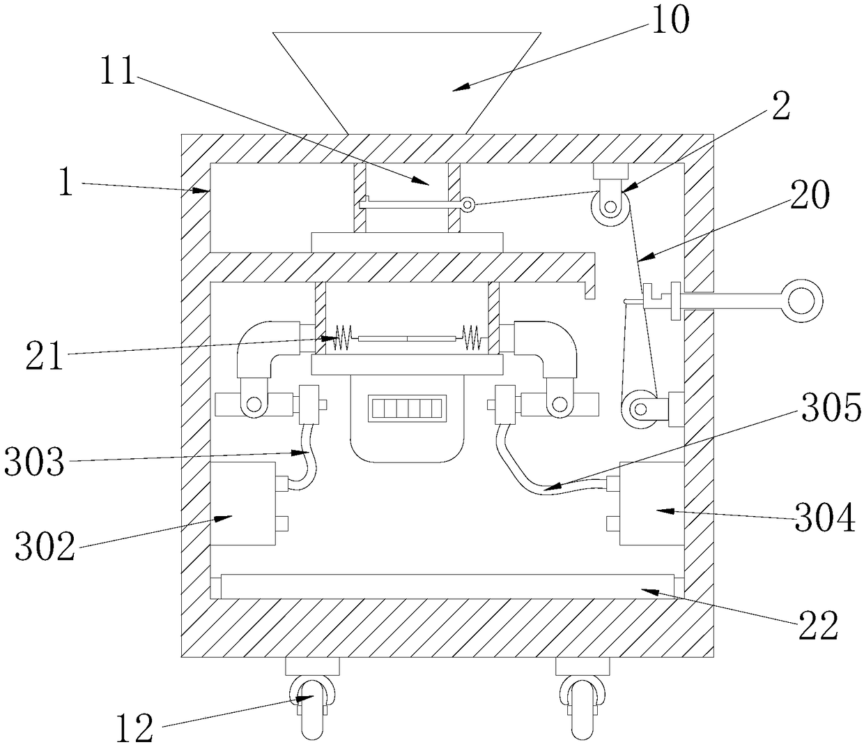 Drug making particle split charging machine with height capable of being adjusted