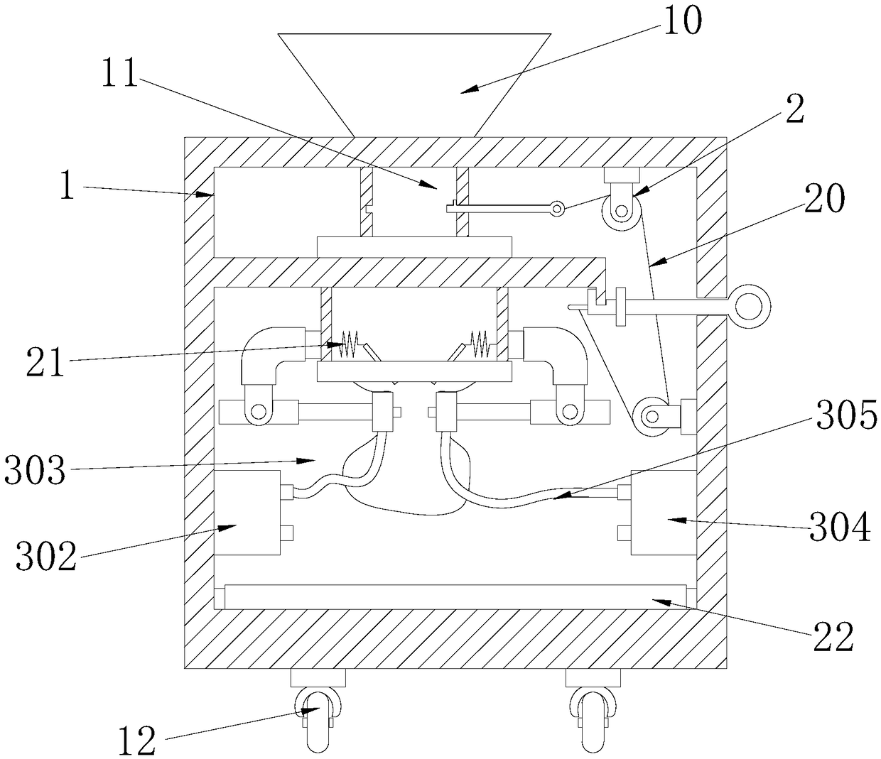 Drug making particle split charging machine with height capable of being adjusted