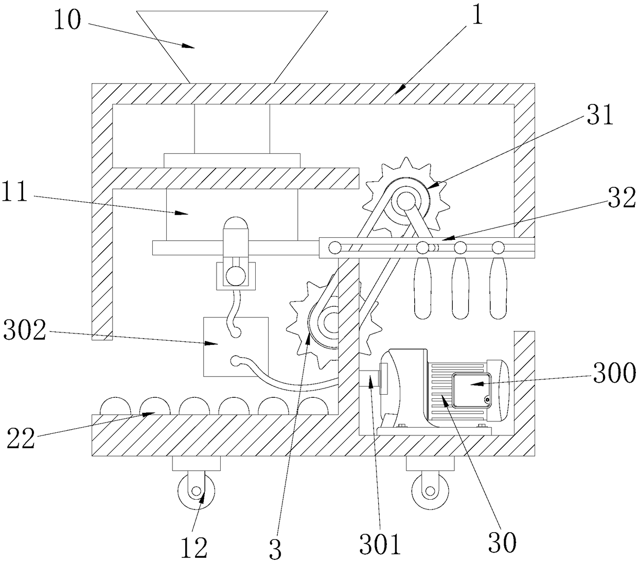 Drug making particle split charging machine with height capable of being adjusted