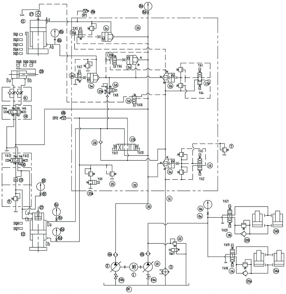 Hydraulic system of tear bomb powder hydraulic machine