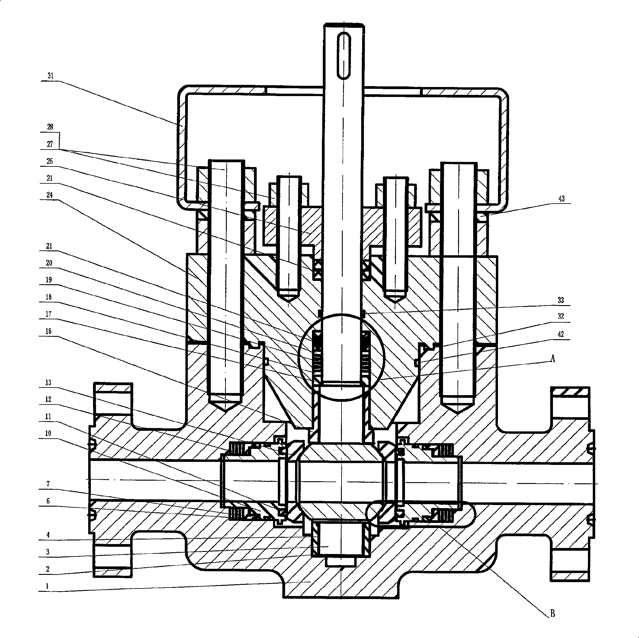 Integral top mounting type ultra-high pressure and ultra low temperature hard seal ball valve