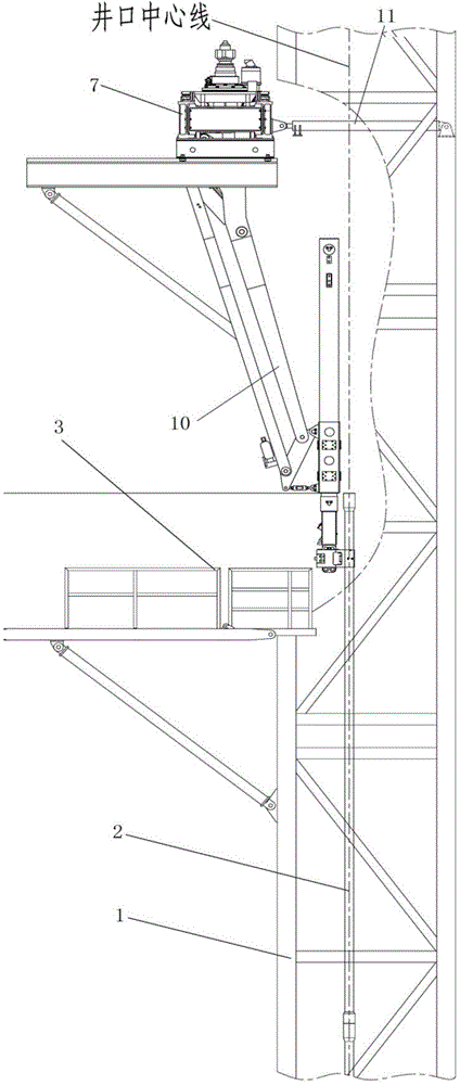 Automatic derrick device suitable for double-wellhead pipe arrangement operation and method