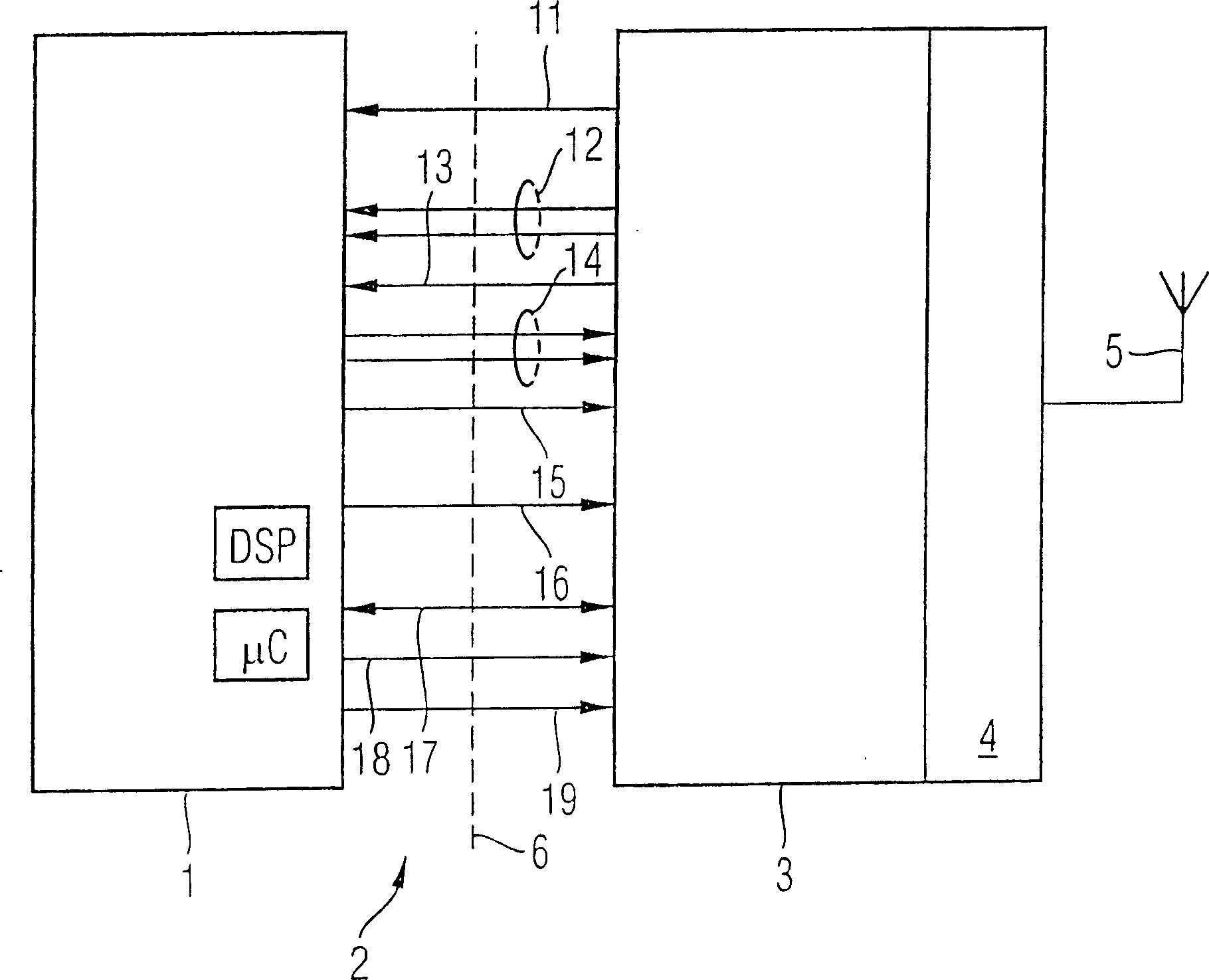 Transmitting and receiving arrangement for radios having a baseband component, a radio-frequency component and an interface arranged in between them