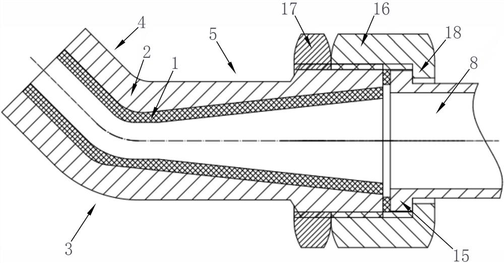 High-wear-resistance bent nozzle for shot blasting machine and for interior of steel pipe, and shot blasting system of high-wear-resistance bent nozzle