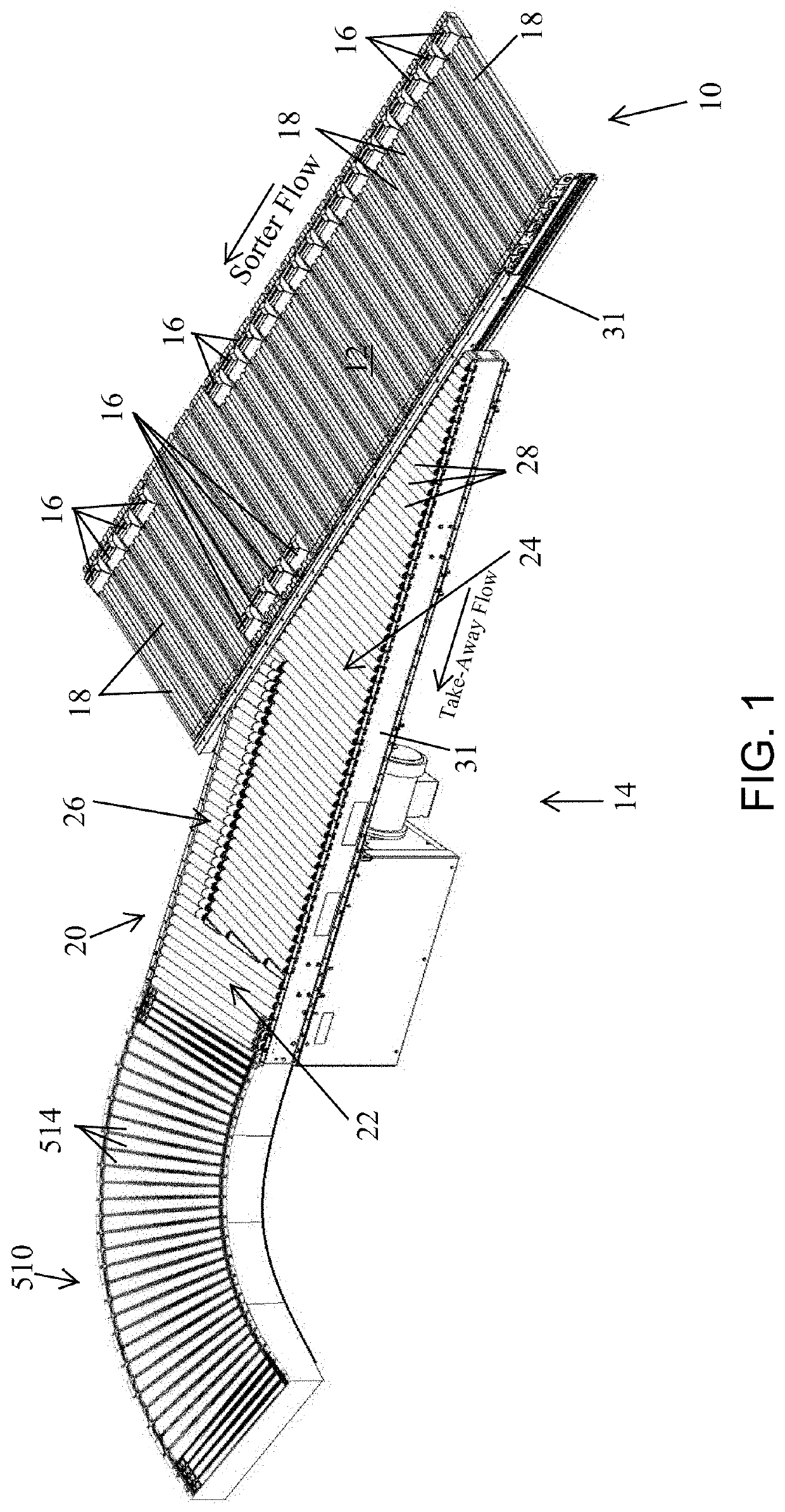 Positive displacement sorter with parallel divert and diagonal discharge