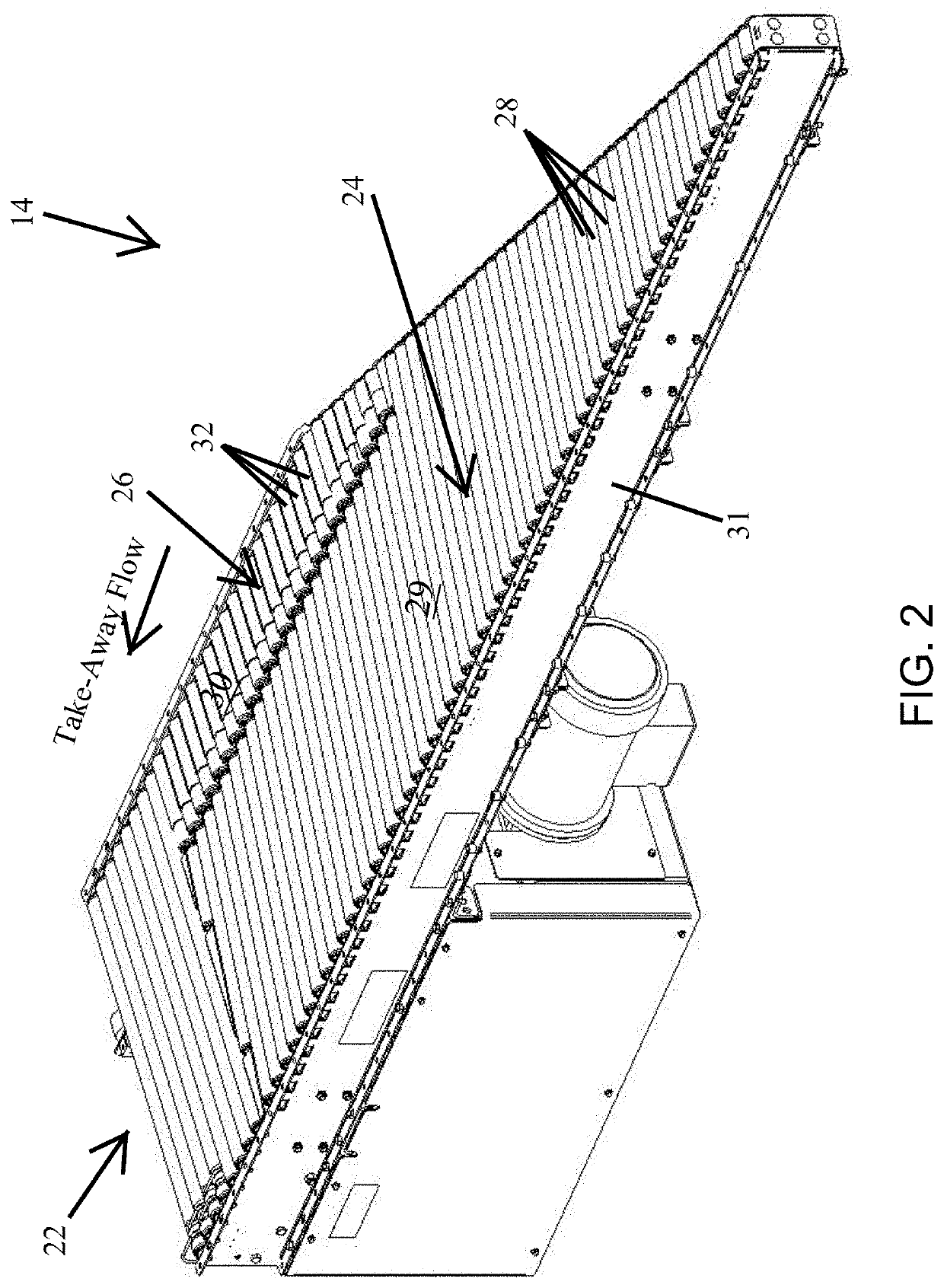 Positive displacement sorter with parallel divert and diagonal discharge