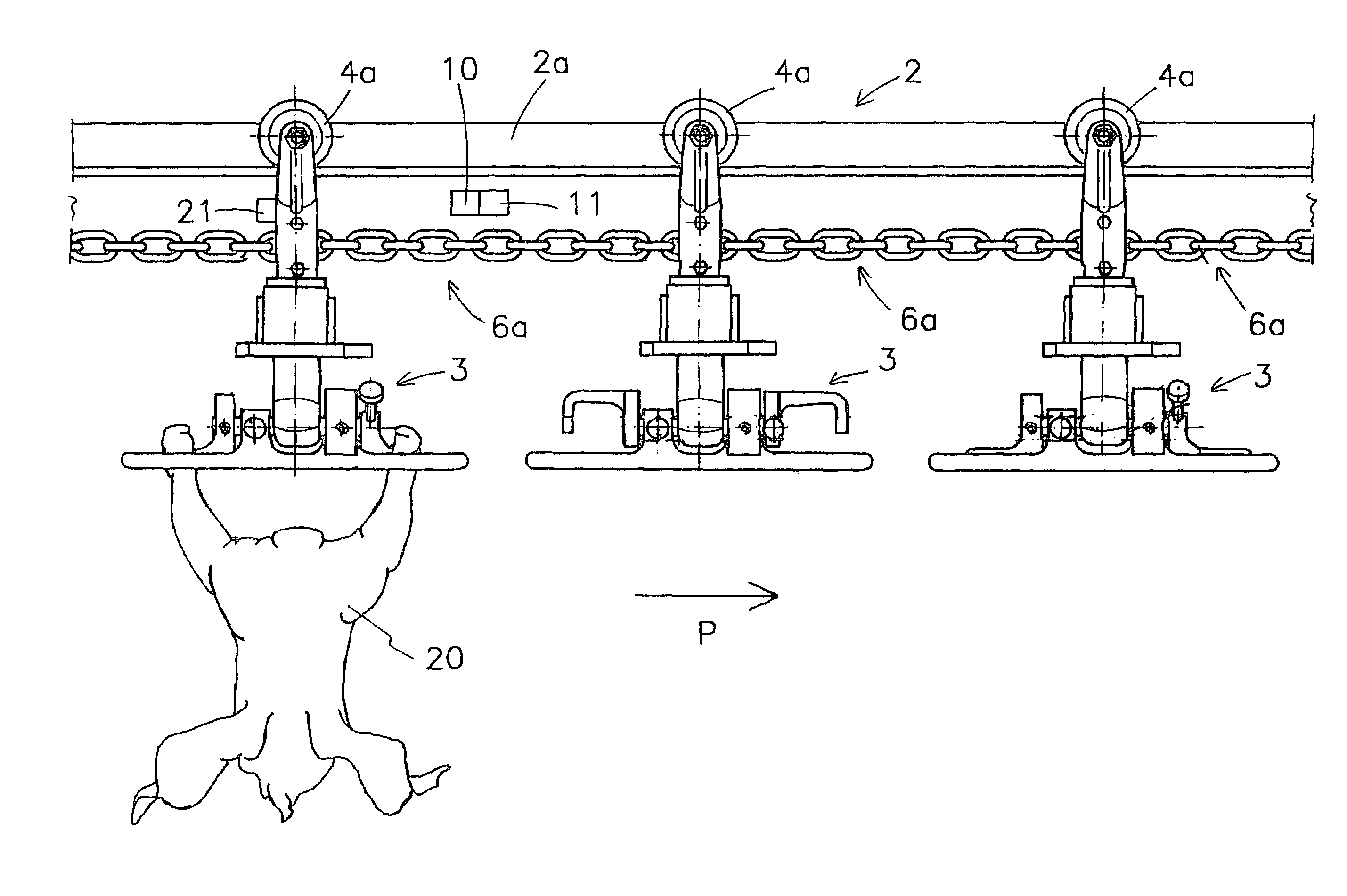 Device and method for processing slaughter animals and/or parts thereof provided with a transportation system