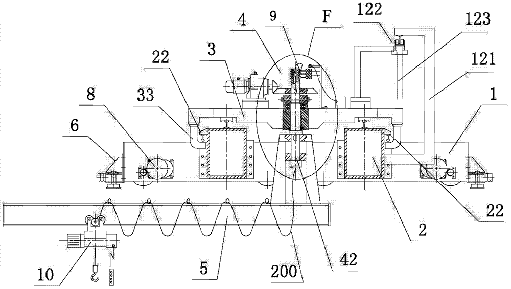 Crane with running trolley, balancing end beams and arbitrary angle rotation