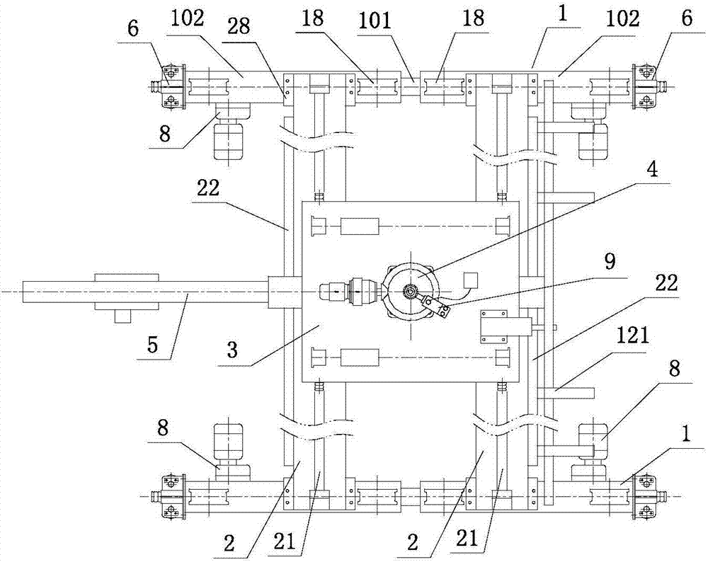 Crane with running trolley, balancing end beams and arbitrary angle rotation