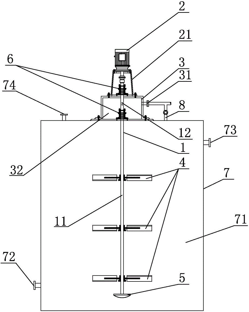 Integrated device for conveying gas and stirring materials, and bioreactor comprising same