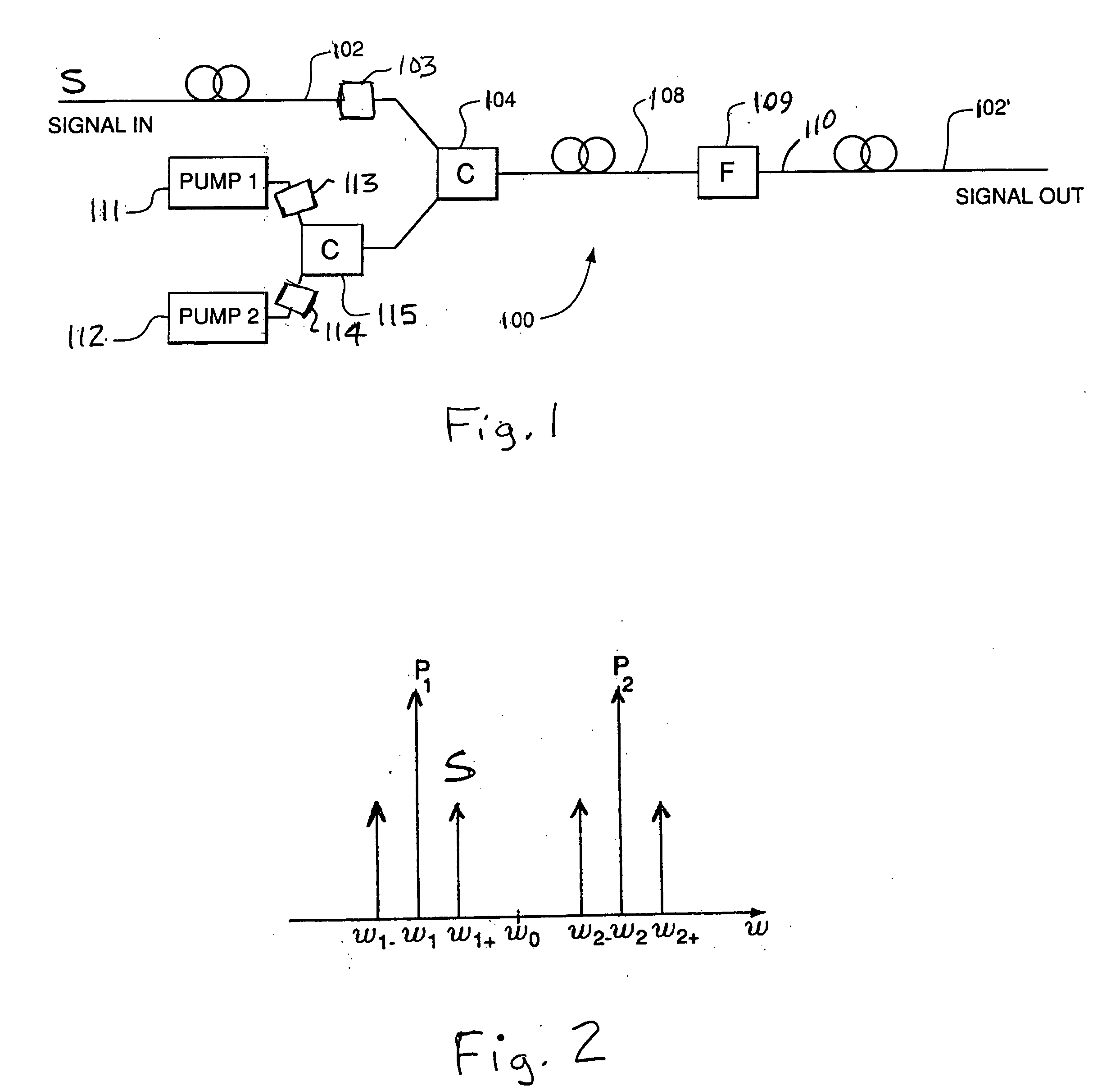 Two-pump optical parametric devices having reduced stimulated raman scattering noise levels