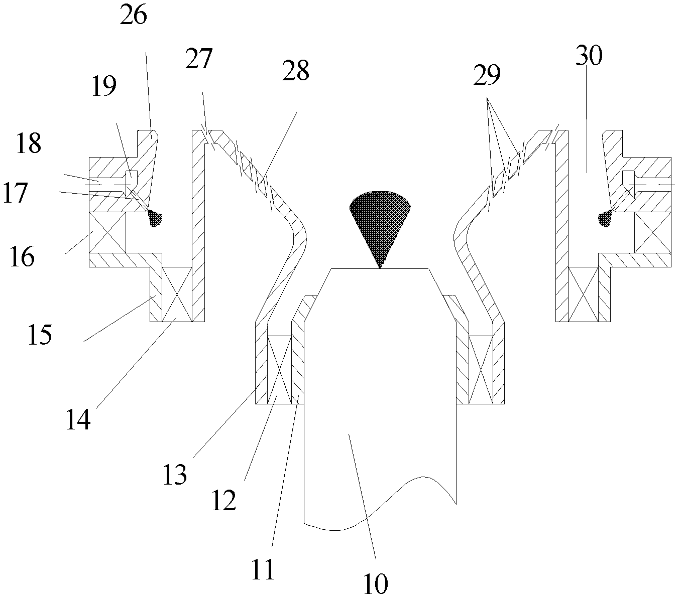 Fuel and air mixing device for low-pollution burning chamber of gas turbine