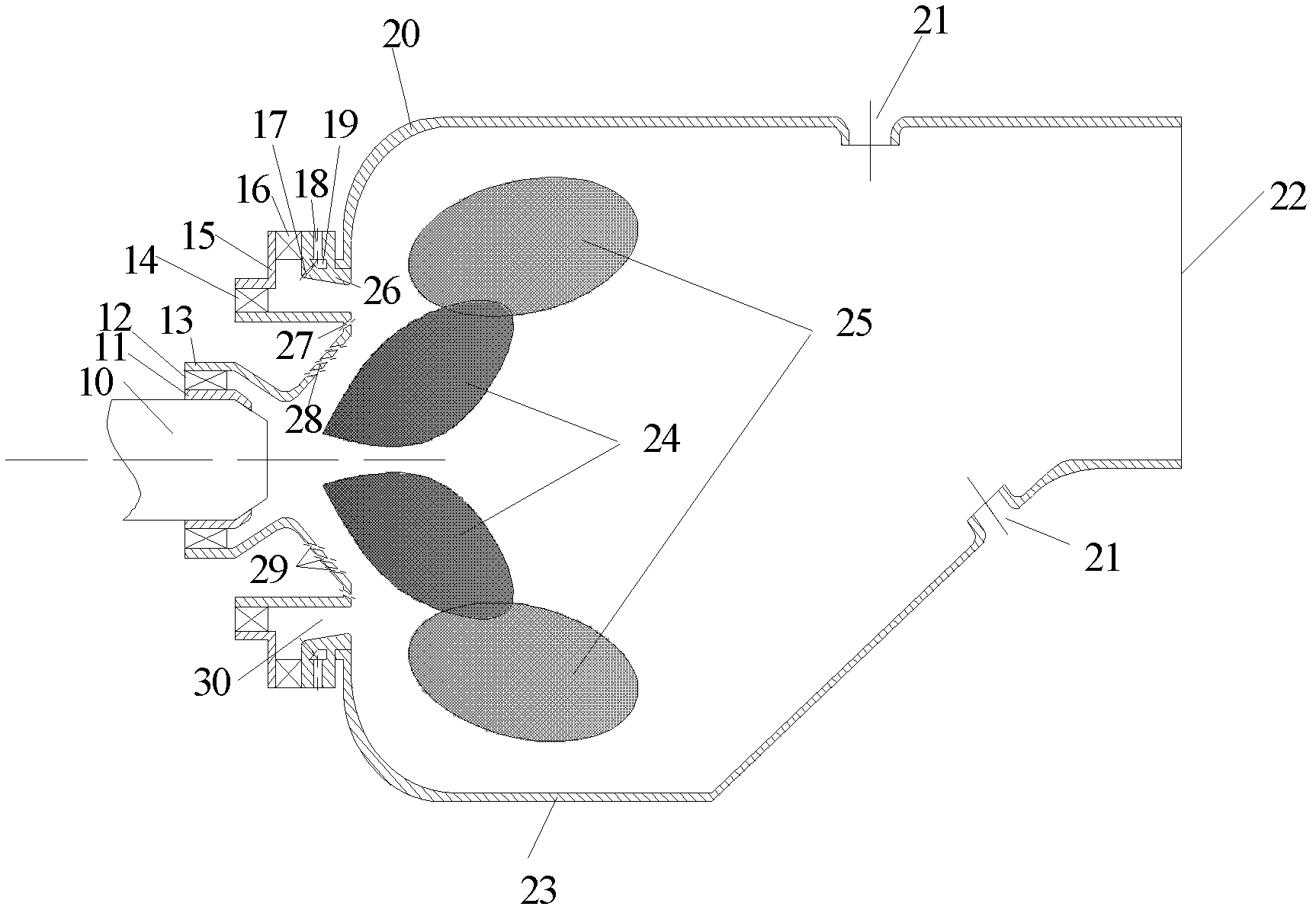 Fuel and air mixing device for low-pollution burning chamber of gas turbine