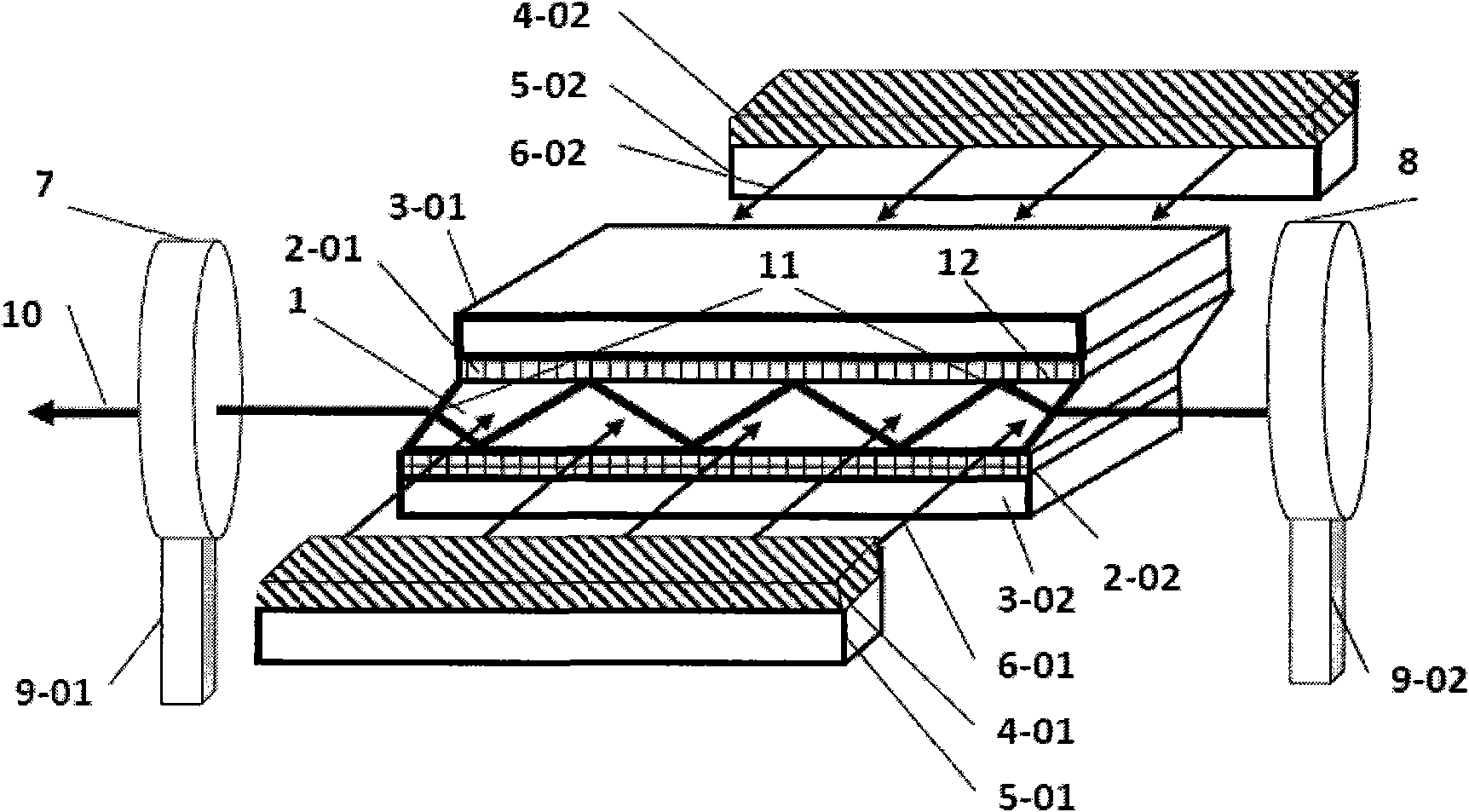 Self-frequency doubling laser with function of single beam laser output or linear laser output