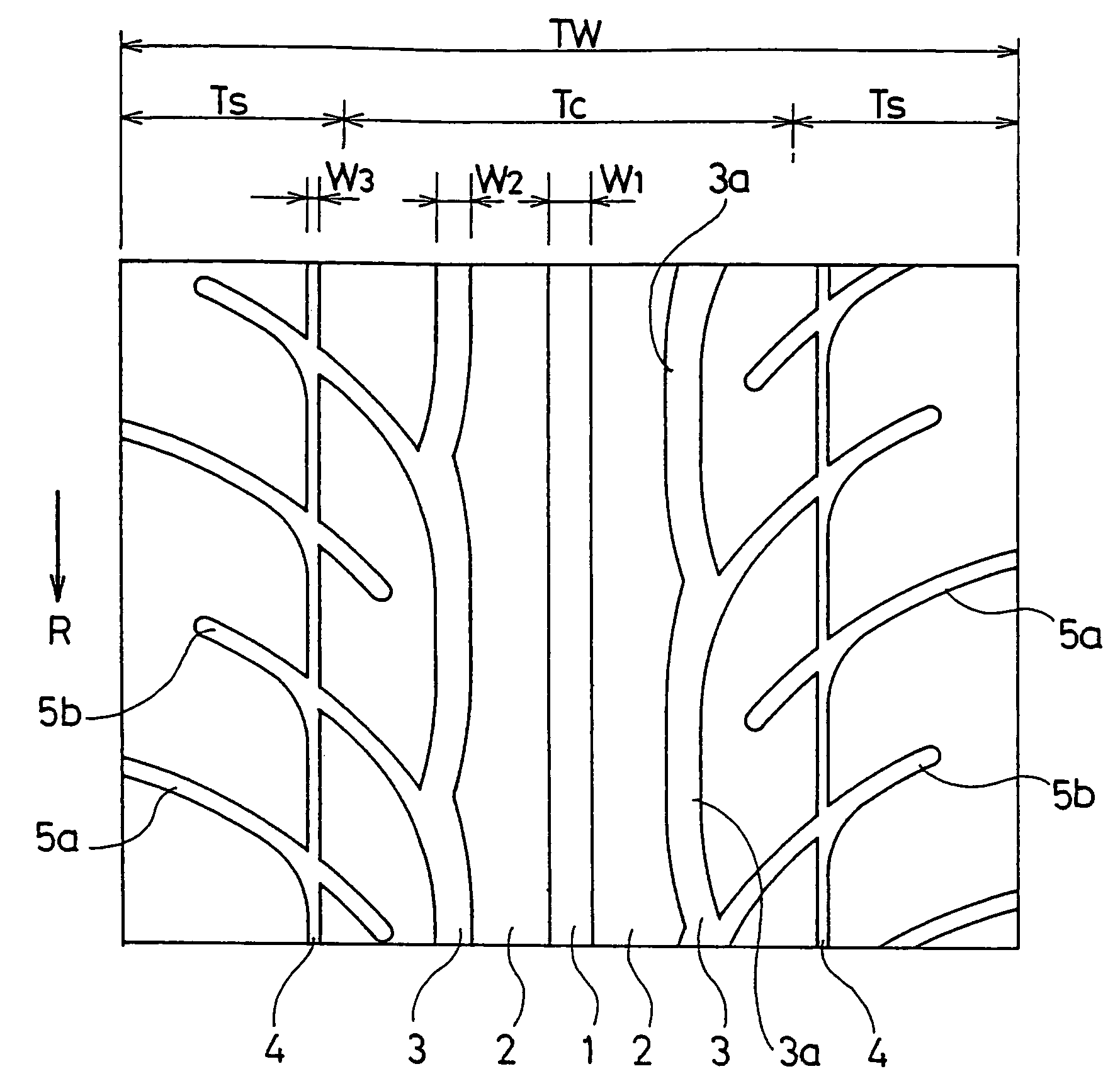 Pneumatic tire having circumferential straight main groove, arcuate curved main grooves and circumferential auxiliary grooves