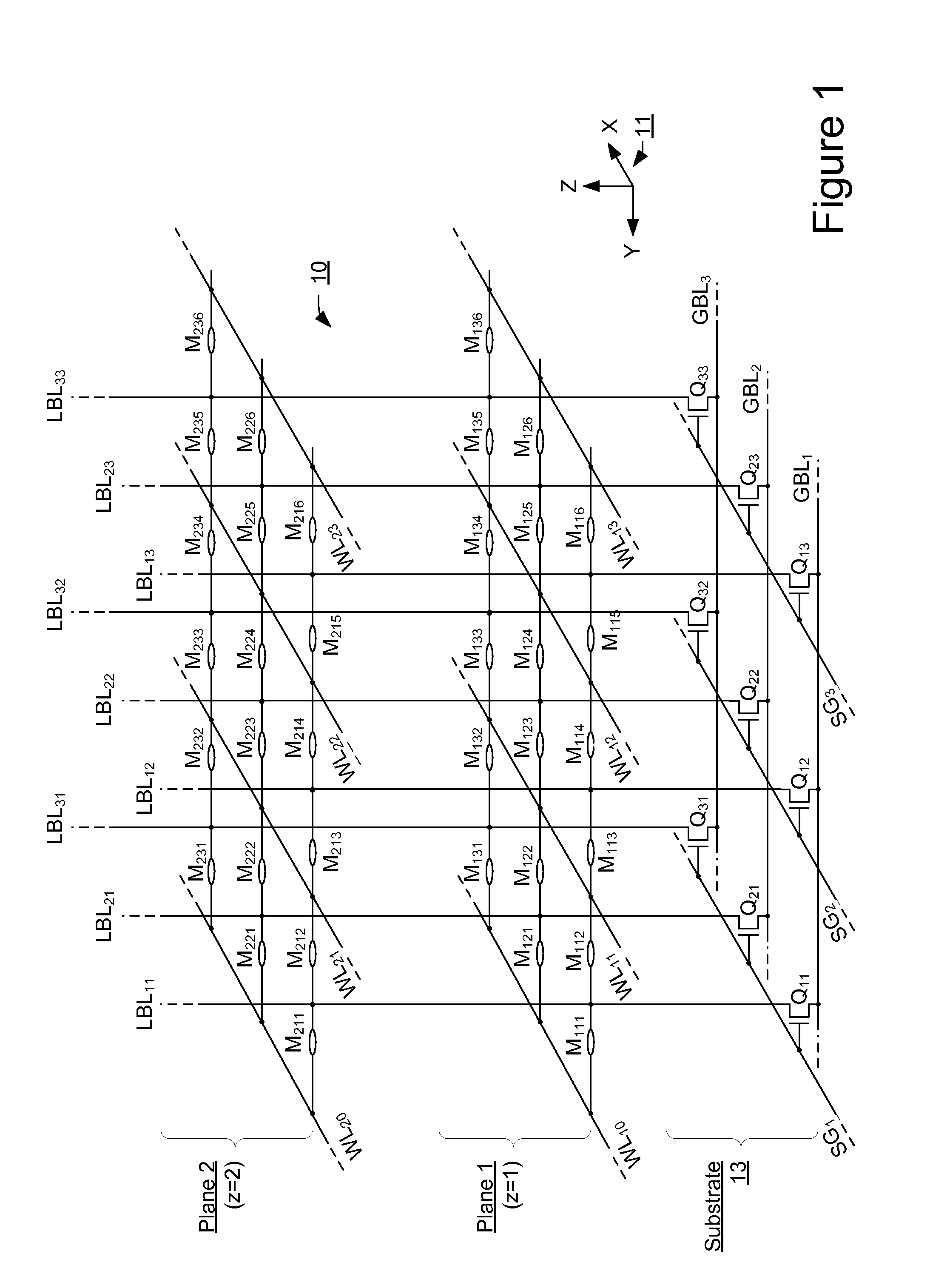 Three dimensional non-volatile storage with three device driver for row select