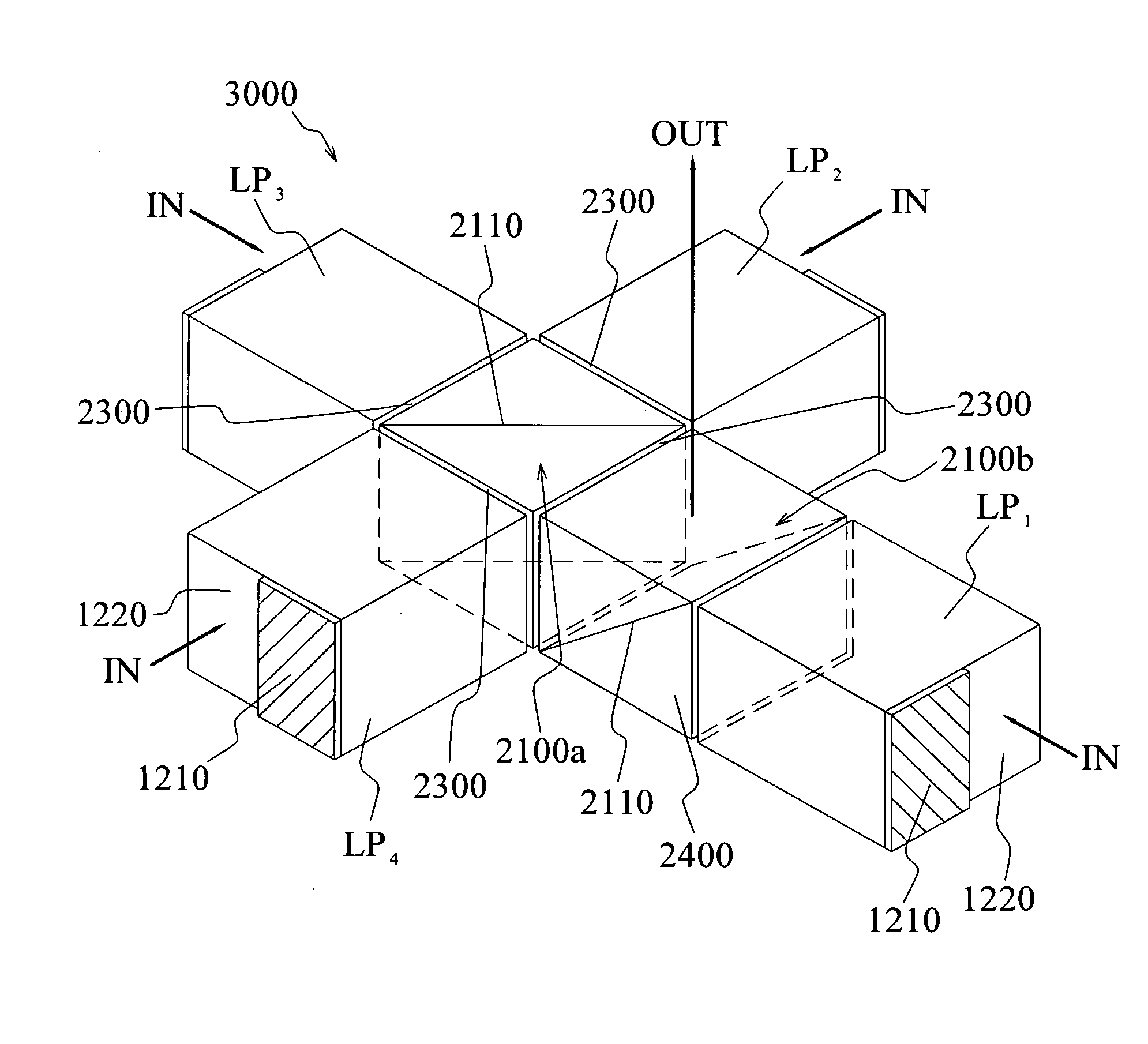 Recycling system and method for increasing brightness using light pipes with one or more light sources, and a projector incorporating the same