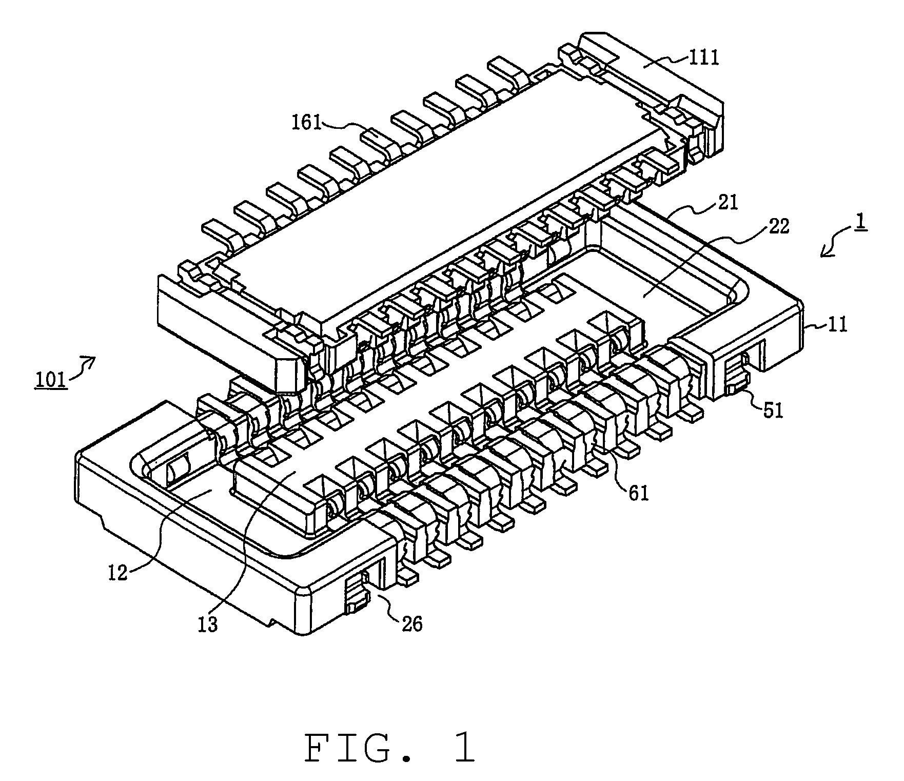 Board-to-board connector having sloped guide surfaces with a common edge