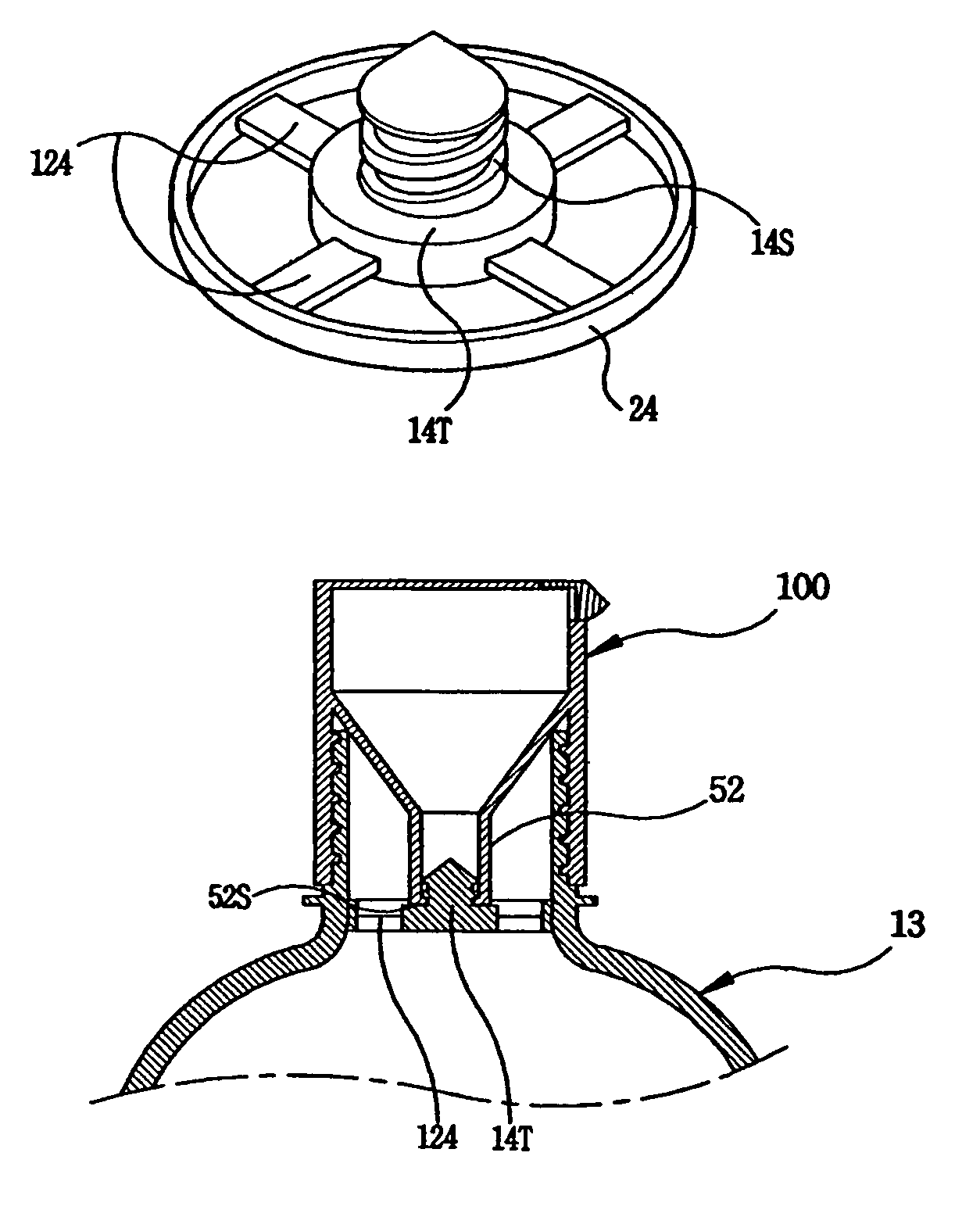 Cap device for mixing different kinds of materials separately contained therein and in bottle