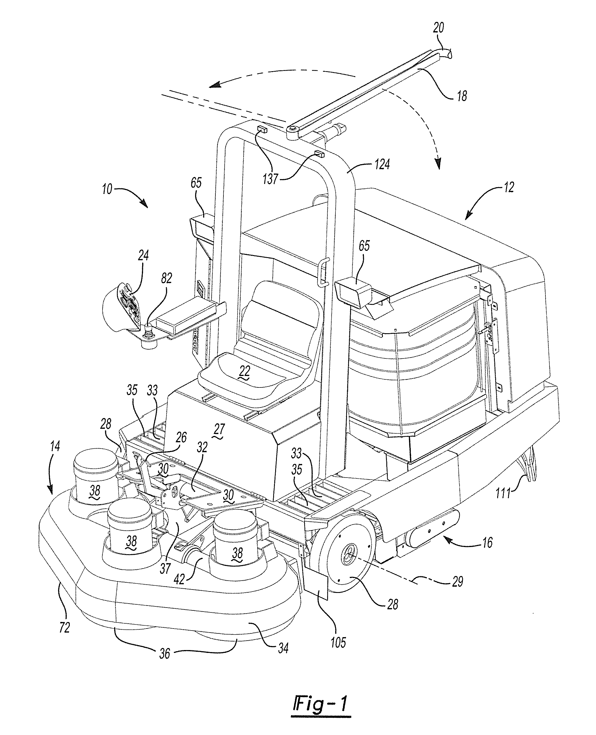 Riding apparatus for treating floor surfaces with a power cord handling swing arm