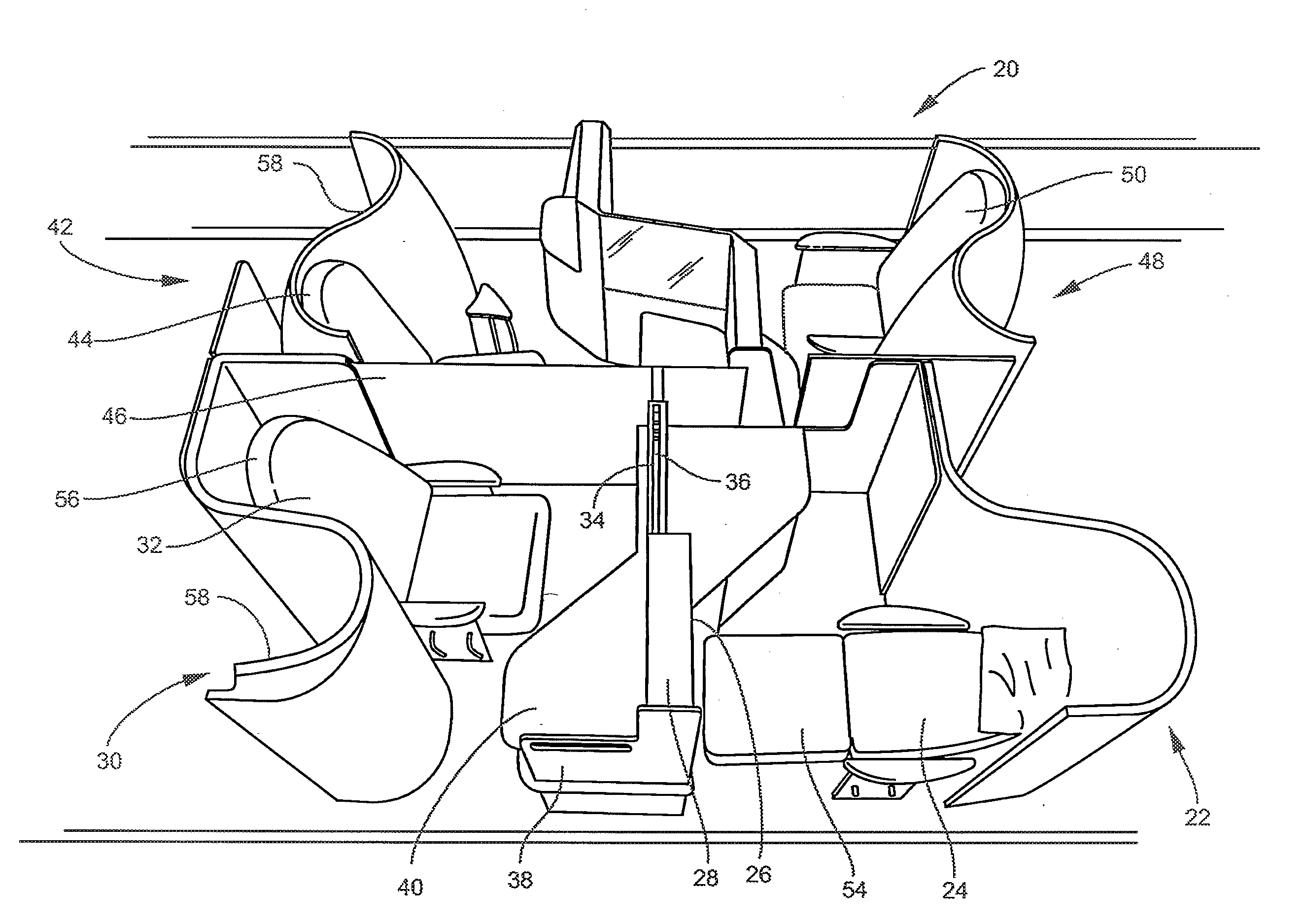 Passenger suite seating arrangement with moveable video monitor