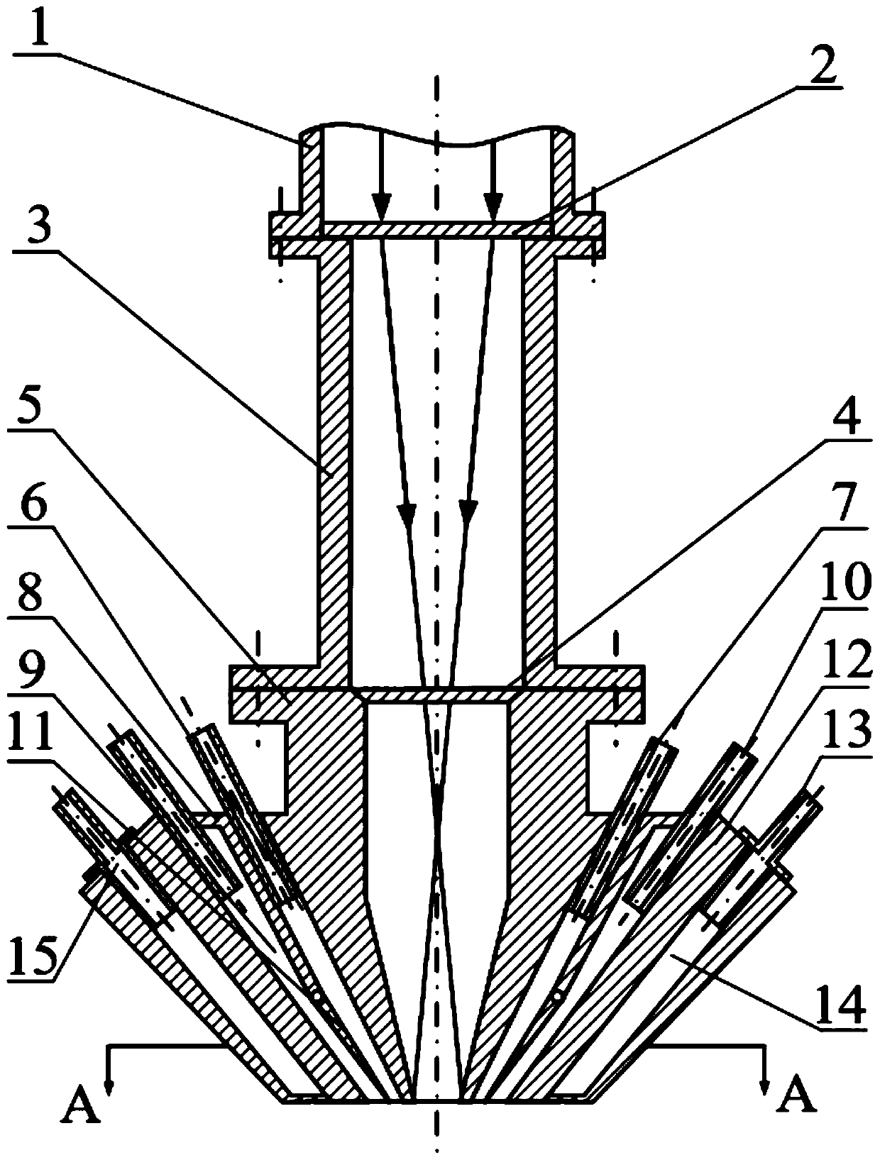 A coaxial powder feeding nozzle that adjusts the focal point of powder flow in a pneumatic way