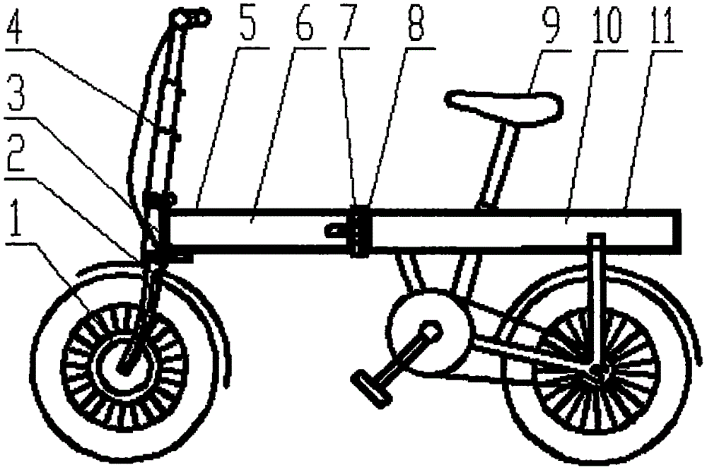 Foldable electric straight-beam bicycle with built-in batteries mounted in front-back split mode