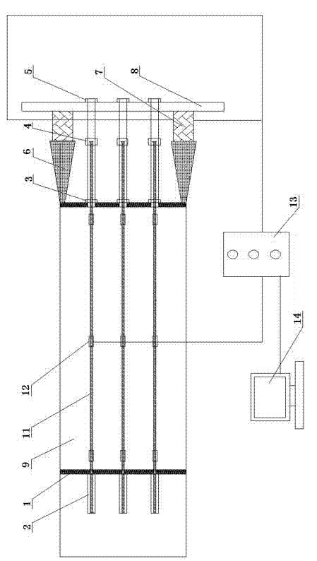 Pre-stress applying device for fiber reinforced polymer (FRP) bars outside reinforced concrete slab