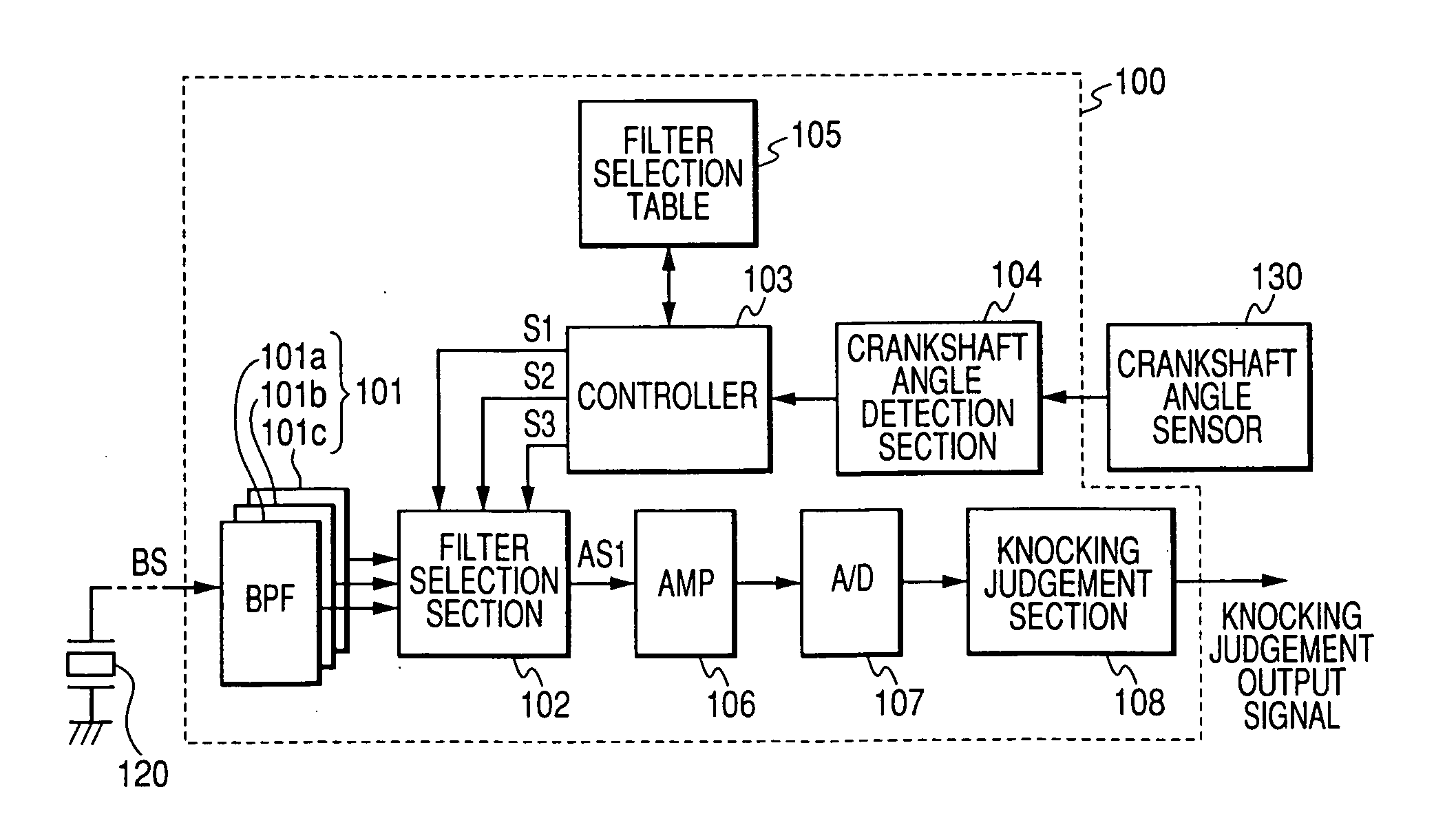 Engine knocking detection apparatus which adjusts passband of sensor signal bandpass filter in accordance with increases in crankshaft angle