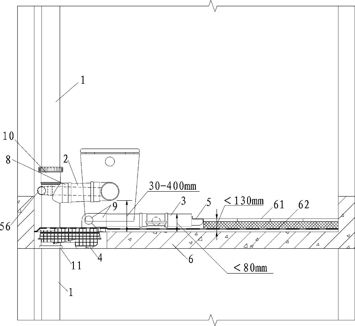 Same-floor drainage system of toilet without slab lowering