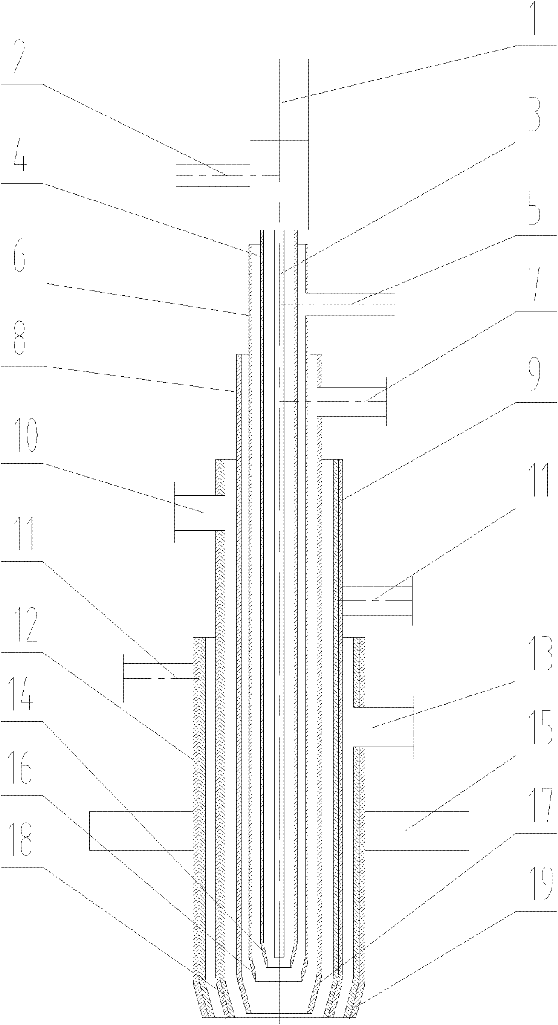 Combustion nozzle combination device of multi-channel coal water slurry gasification furnace